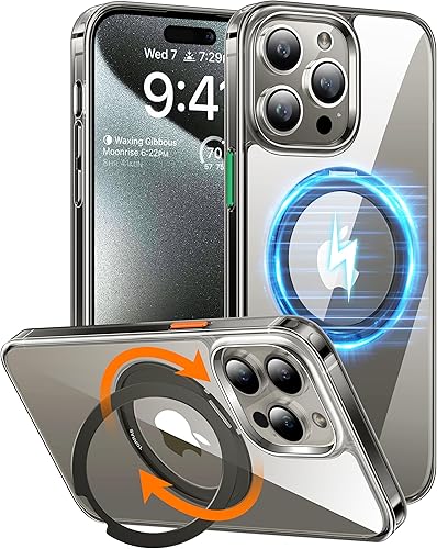 TORRAS Anillo magnético giratorio de 360 para iPhone 15 Pro Max, diseñado para MagSafe con soporte y soporte de anillo, grado militar, a prueba de