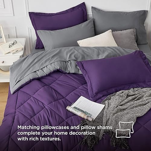 Miniatura 6 de Bedsure Juego de edredón, matrimonial, reversible, de 7 piezas, en una bolsa, con edredón, sábanas, fundas de almohada y fundas, morado