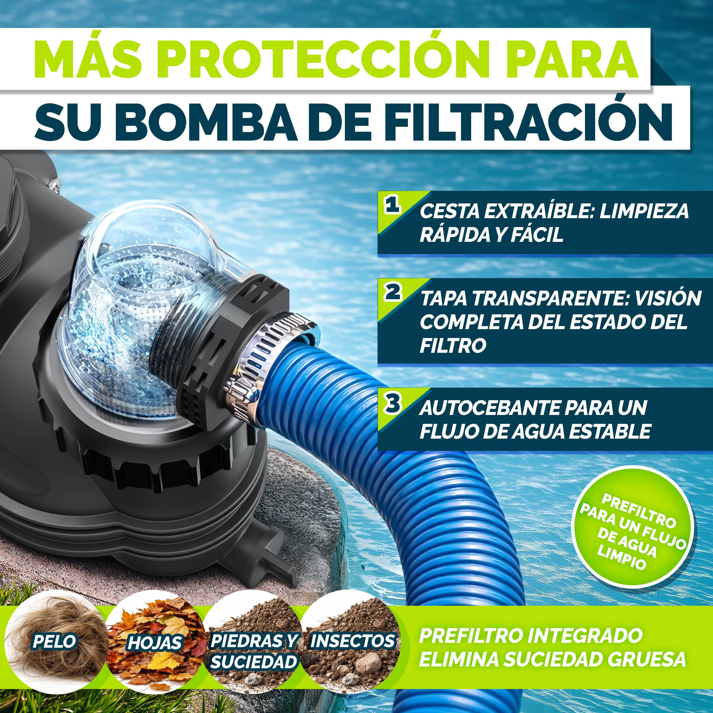 tillvex® Bomba de filtro piscina con temporizador 9 500 L/h & 550 W | Altura de impulsión máx. 10 m | Bomba de circulación para piscinas 40 m³ | Autoaspirante piscina desmontable & spa con prefiltro