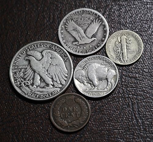 Miniatura 8 de Old US Silver Coins 5 Coin Collection Set - Indian Head Cent Buffalo Nickel Mercury Dime Standing Liberty Quarter Walking Liberty Half Dollar