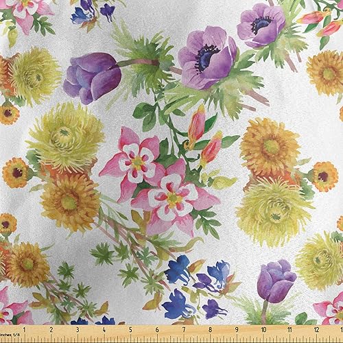 Ambesonne Floral Fabric by The Yard, Watercolor Painting Style Flourishing Garden Pattern Fresh Romantic Spring Blossoms, Decorative Satin Fabric