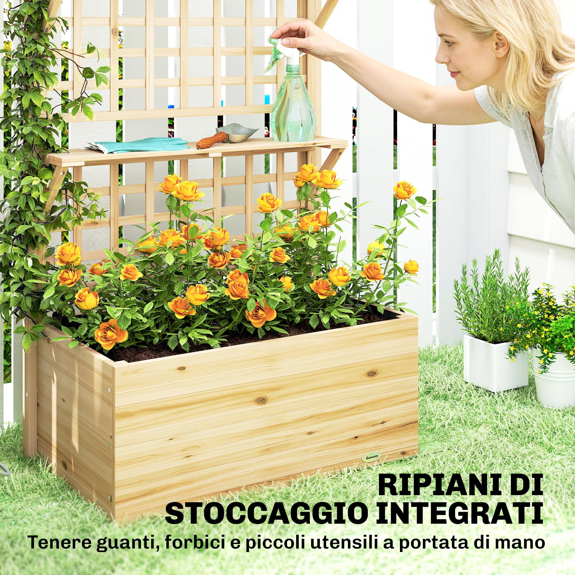 Outsunny Aiuola Rialzata in Legno con Traliccio e Tetto, Fioriera da Esterno Elevata con 2 Mensole, Foro di Drenaggio e Rivestimento per Piante Rampicanti, Verdure e Fiori, Naturale