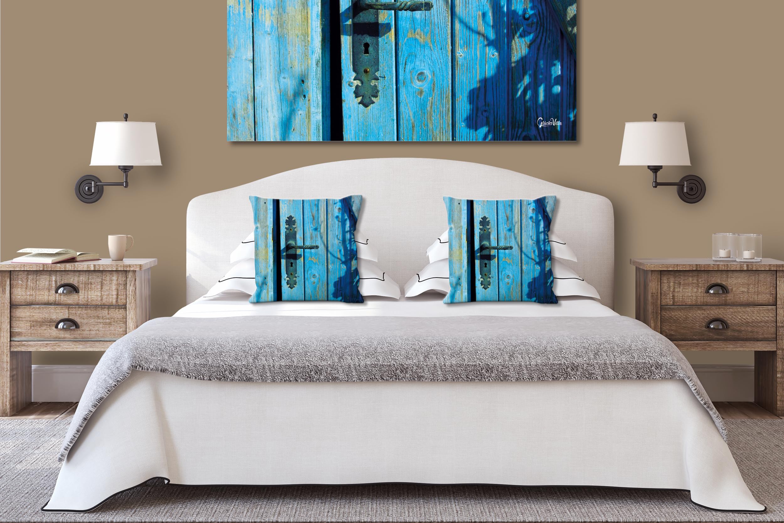 Blaue Tür - Foto-Kissen-Hülle Set (2 STK.) 40 x 40 cm | Kissen-Bezüge - passend zu Wandbild - Deko-Kissen - Fischerhütte Holz Atlantik