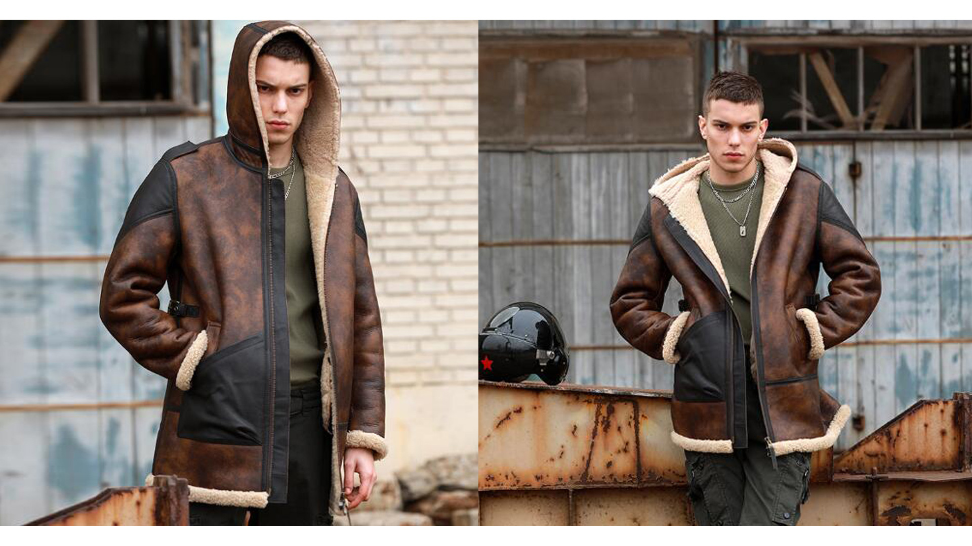 Denny&Dora Men's Shearling Jacket Mid-Length Hooded Sheepskin Coat