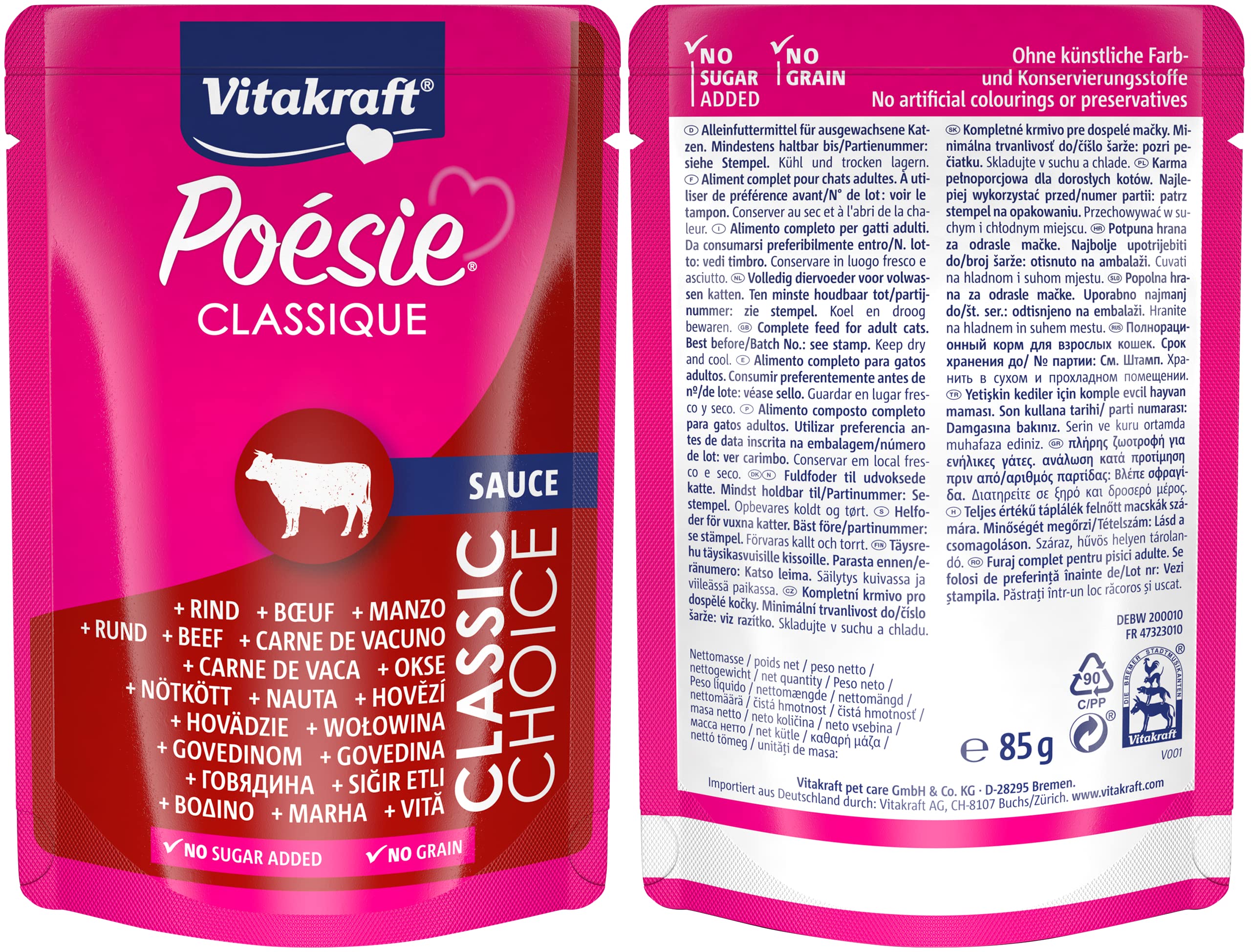 Vitakraft Poésie Classique, karma dla kotów mokra, w opakowaniu zbiorczym, z kurczakiem, indykiem i wołowiną, z łososiem ze znakiem MSC, bez dodatku cukru i zbóż, wielkość zapasowa (1 opakowanie po 12