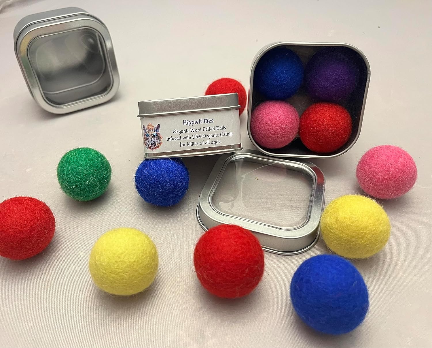 Catnip Infused Cat Toy Wool Felt Balls in Tin Box by The Hickory Tree Pet Supplies