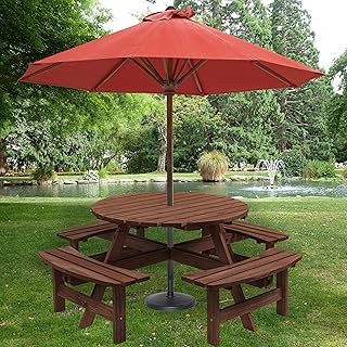 8 Person Outdoor Picnic Table, Round Picnic Table with 4 Built-in Benches, Umbrella Hole, Outside Wood Picnic Tables and Bench Set for Patio, Backyard, Garden, Porch, 2220lb Capacity - Brown