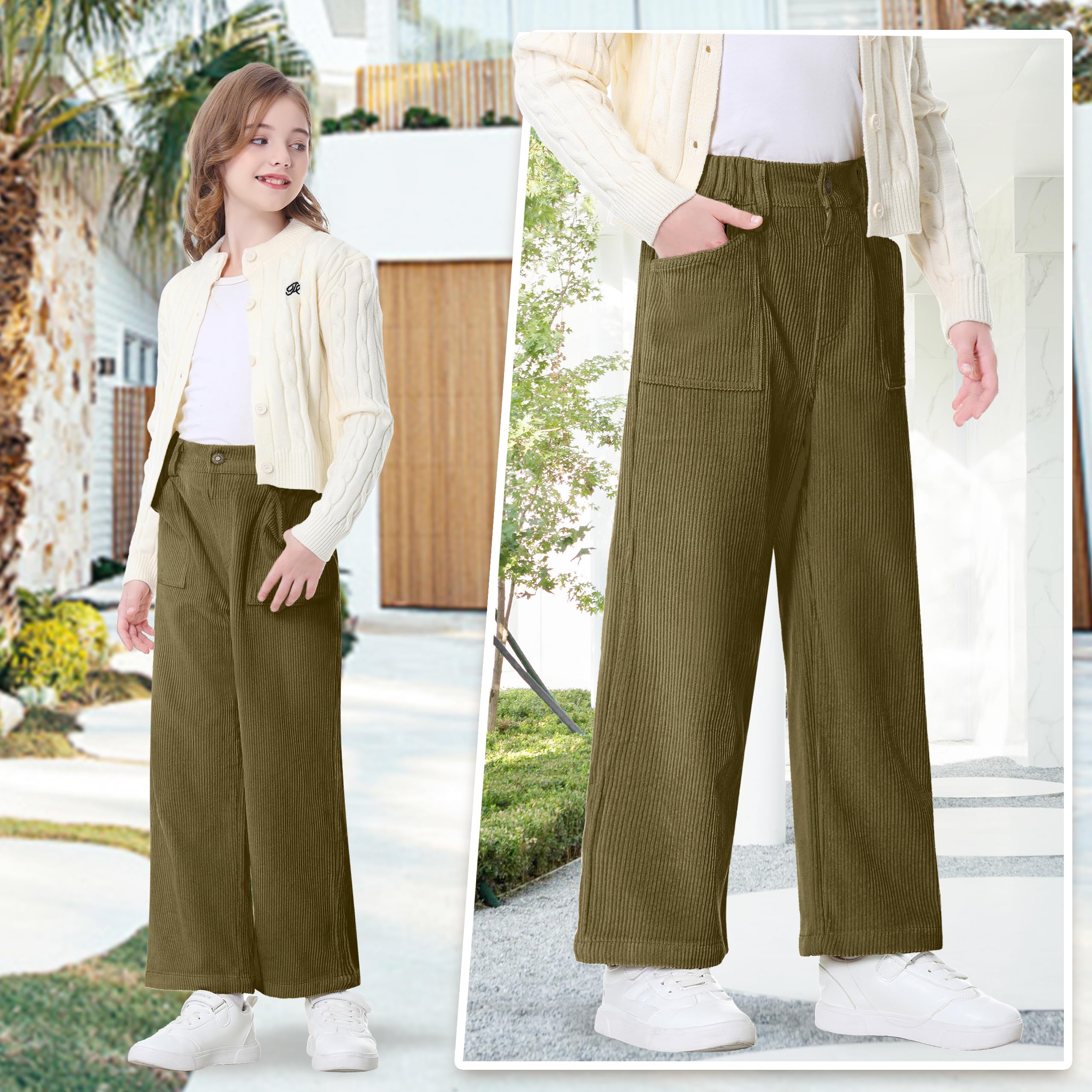 Rolanko Ragazze Pantaloni di Velluto a Coste, Pantaloni Lunghi a Gamba Tesa con Elastico in Vita per Bambini