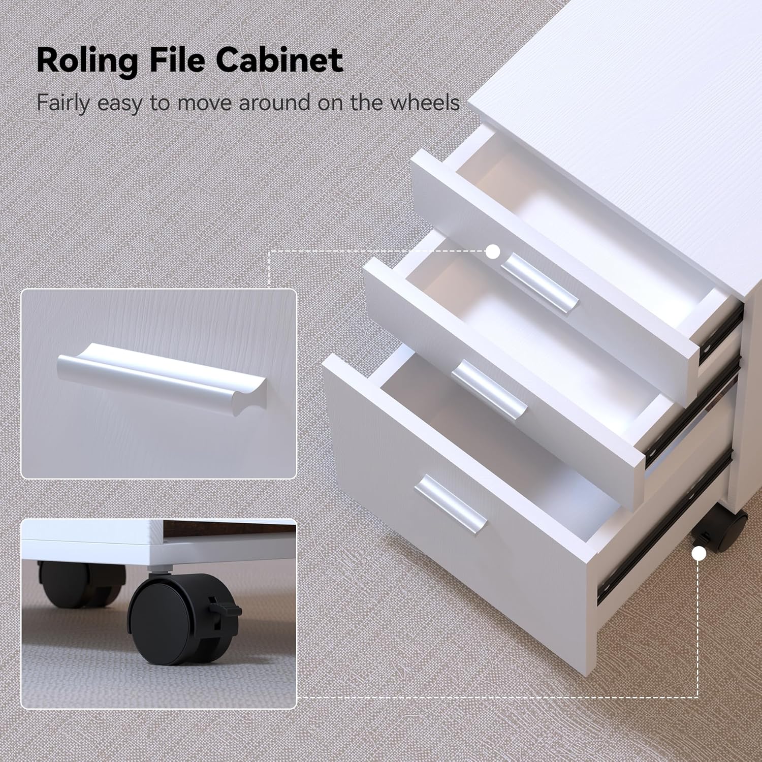 3 Drawer File Cabinet with Wheels,Pre-Assembled Wood Organizer for Home Office,Mobile Printer Stand Storage,19" L x 16" W x 22" H​ (White)