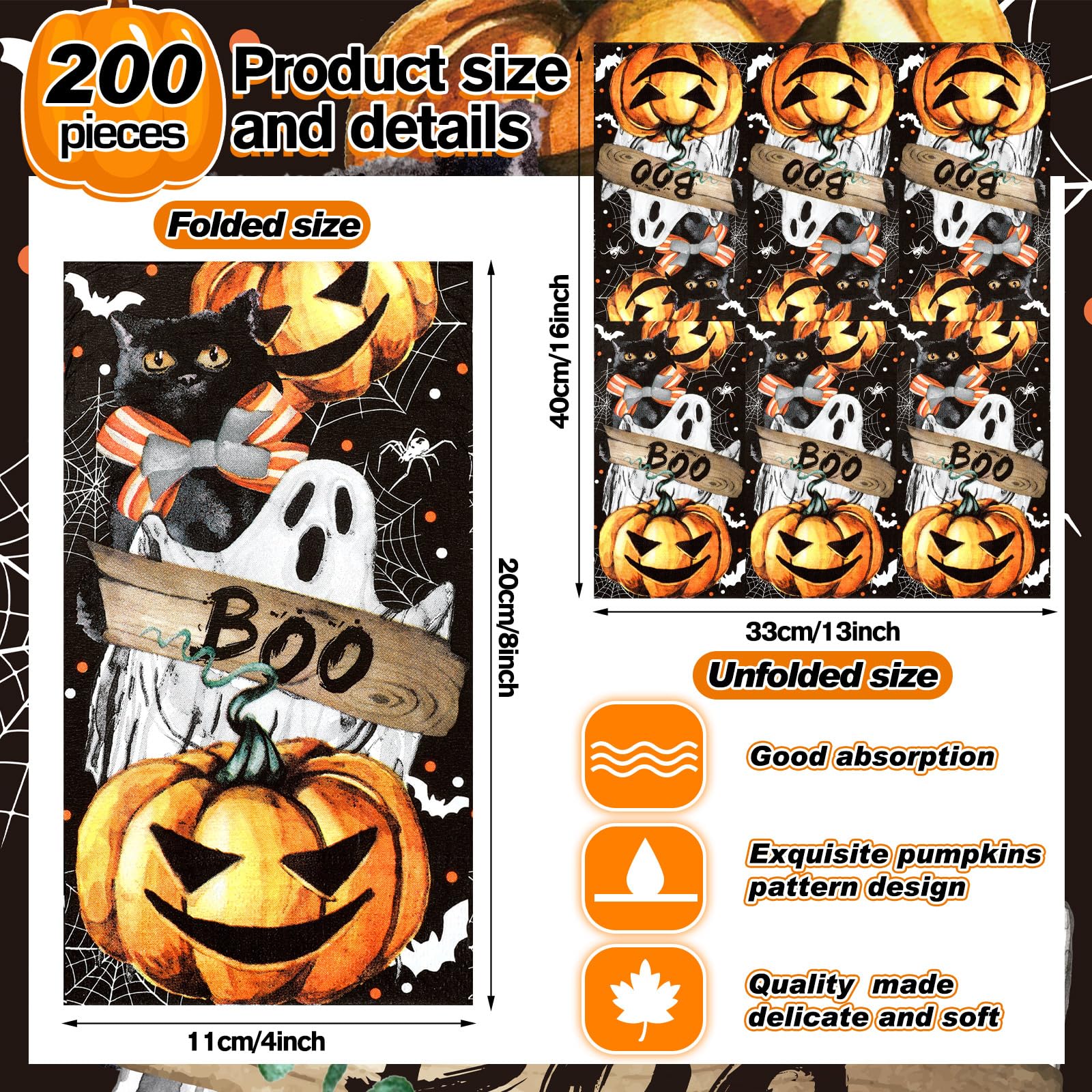 Sinmoe Lot de 200 serviettes jetables en papier pour invités d'Halloween pour salle de bain, serviettes en papier décoratives pour invités, récolte d'automne, Thanksgiving, dîner de salle de bain