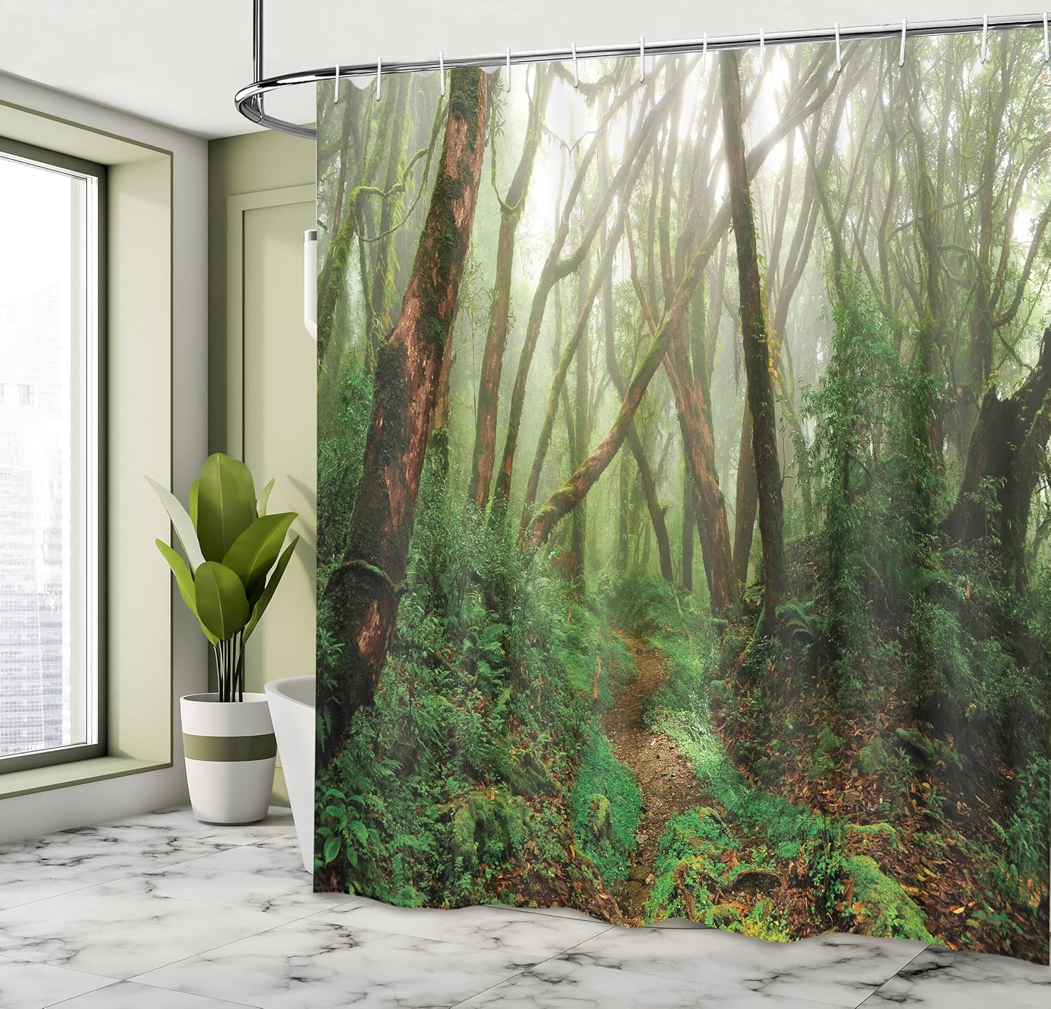 Ambesonne Forest Shower Curtain, Spooky Tropical Exotic Fog Jungle in Rainforest Nepal Climate Picture Print, Cloth Fabric Bathroom Decor Set with Hooks, 69" W x 75" L, Green Brown