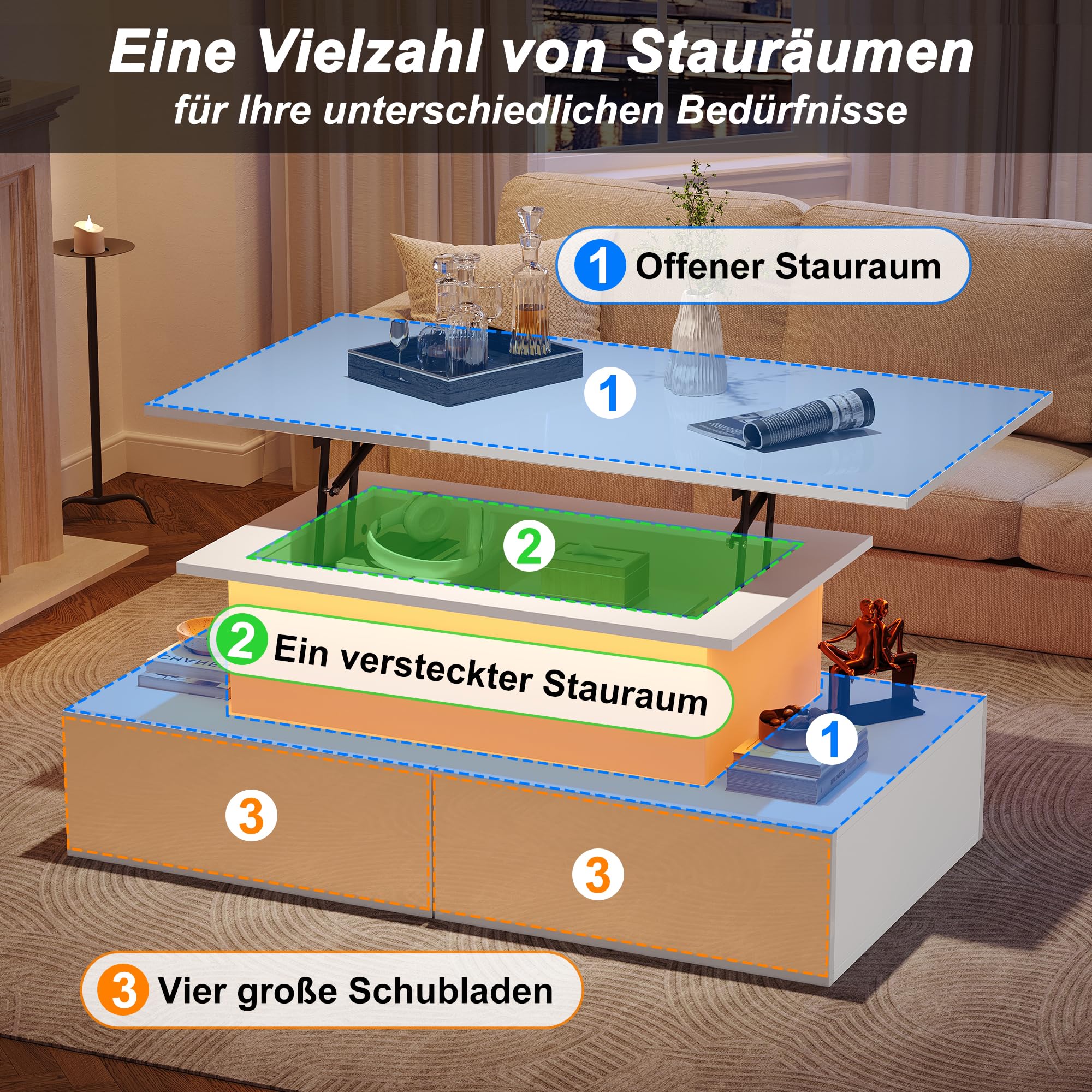 Merax Couchtisch mit Höhenverstellbarer Platte, Moderner Hochglanz Wohnzimmertisch mit LED, Sofatisch Kaffeetisch mit 4 Schubladen, Versteckter Stauraum, Rechteckig Mitteltisch Beistelltisch, Weiß