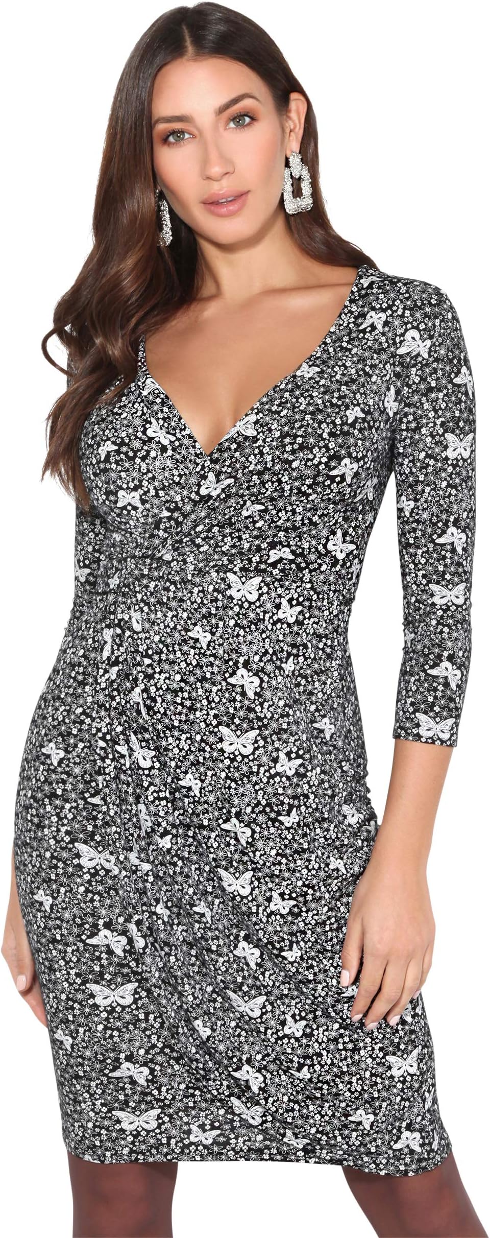 KRISP Women Long Sleeve Midi Crossover Knee Lenght Dresses V-Neck Pencil Stretch Work Day Dresses