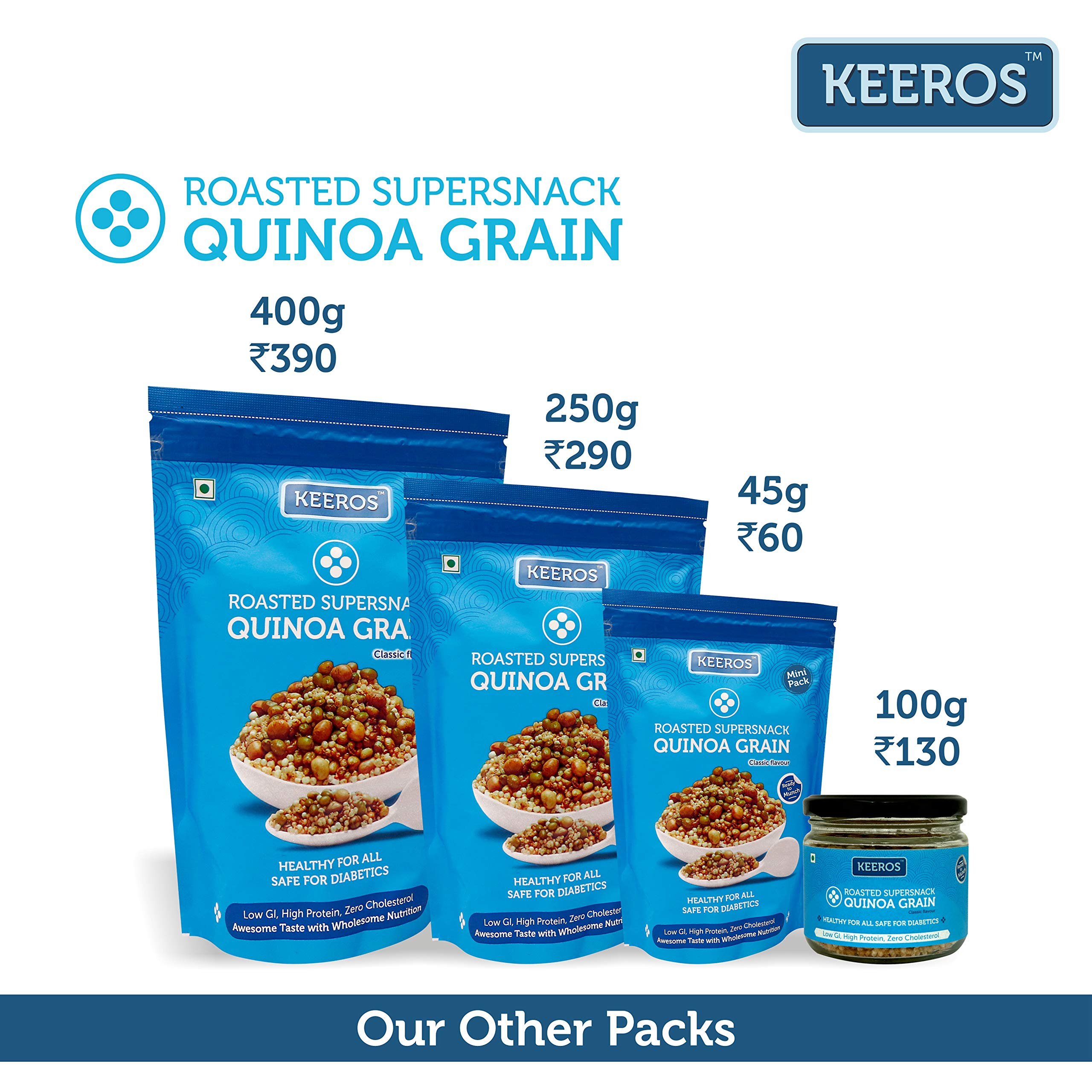Keeros Quinoa Grain Roasted Healthy Snacks | Diabetic Friendly Weight Loss Snack | Gluten Free High Protein Low Calorie Diet Namkeen | Low GI Superfood Mix | Roasted Quinoa & 4 Supergrains | Crunchy Lightly Spiced Ready to Eat (250g, Pack of 3) 4