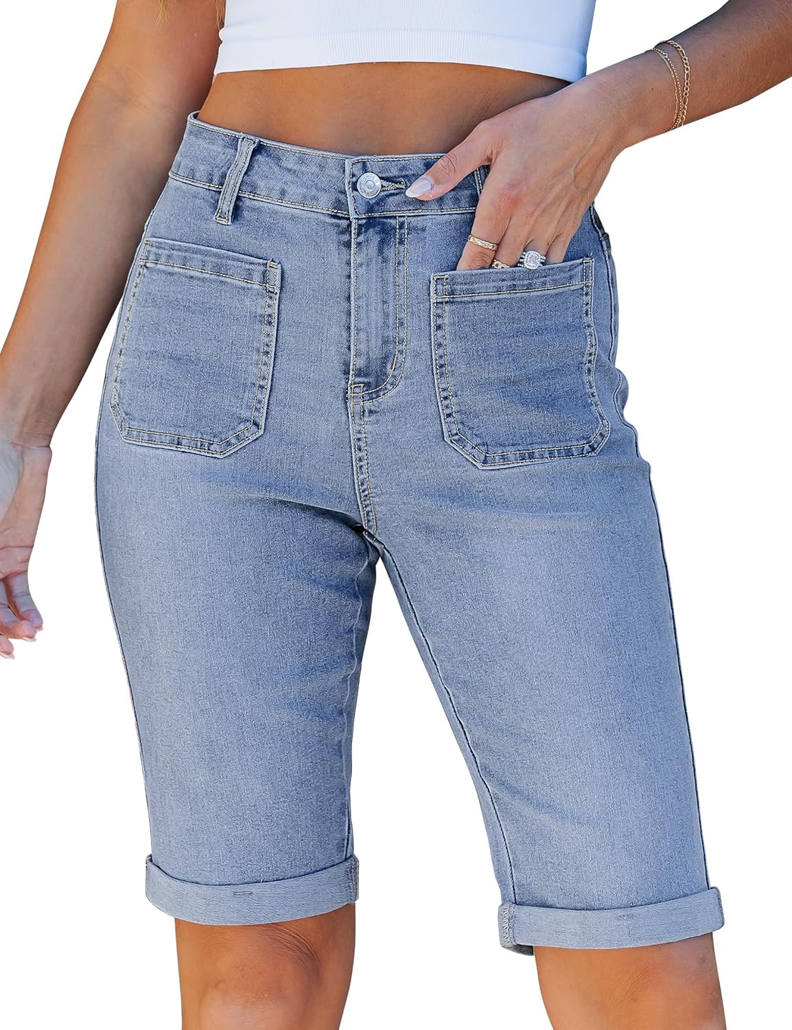 luvamia Jean Bermuda Shorts for Women High Waisted Shorts with Pockets for Women Knee Length Fold Hem Nashville Outfits High Rise Jean Denim Long Jorts Cody Blue Size Small US 4 to 6