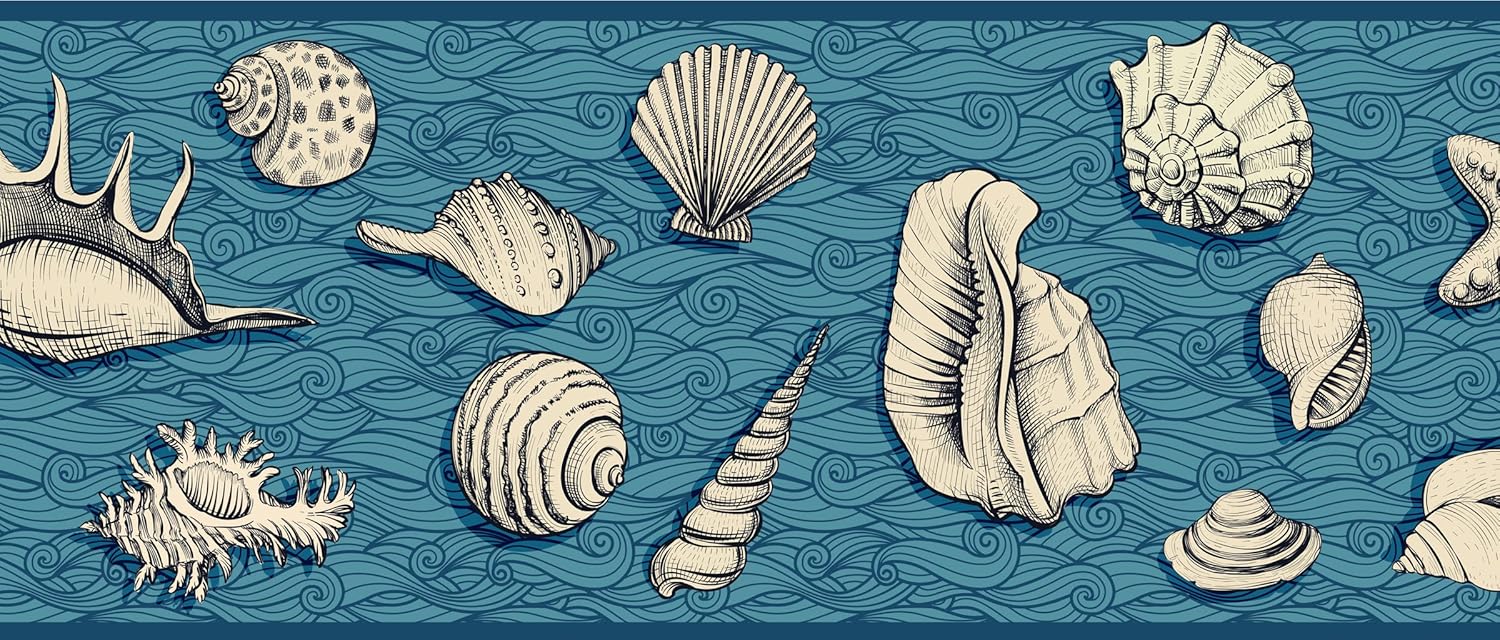 Grace & Gardenia GB10022 Seashells On Waves Nautical Peel and Stick Wallpaper Border 10in Height x 15ft Dark Blue Gray Designs
