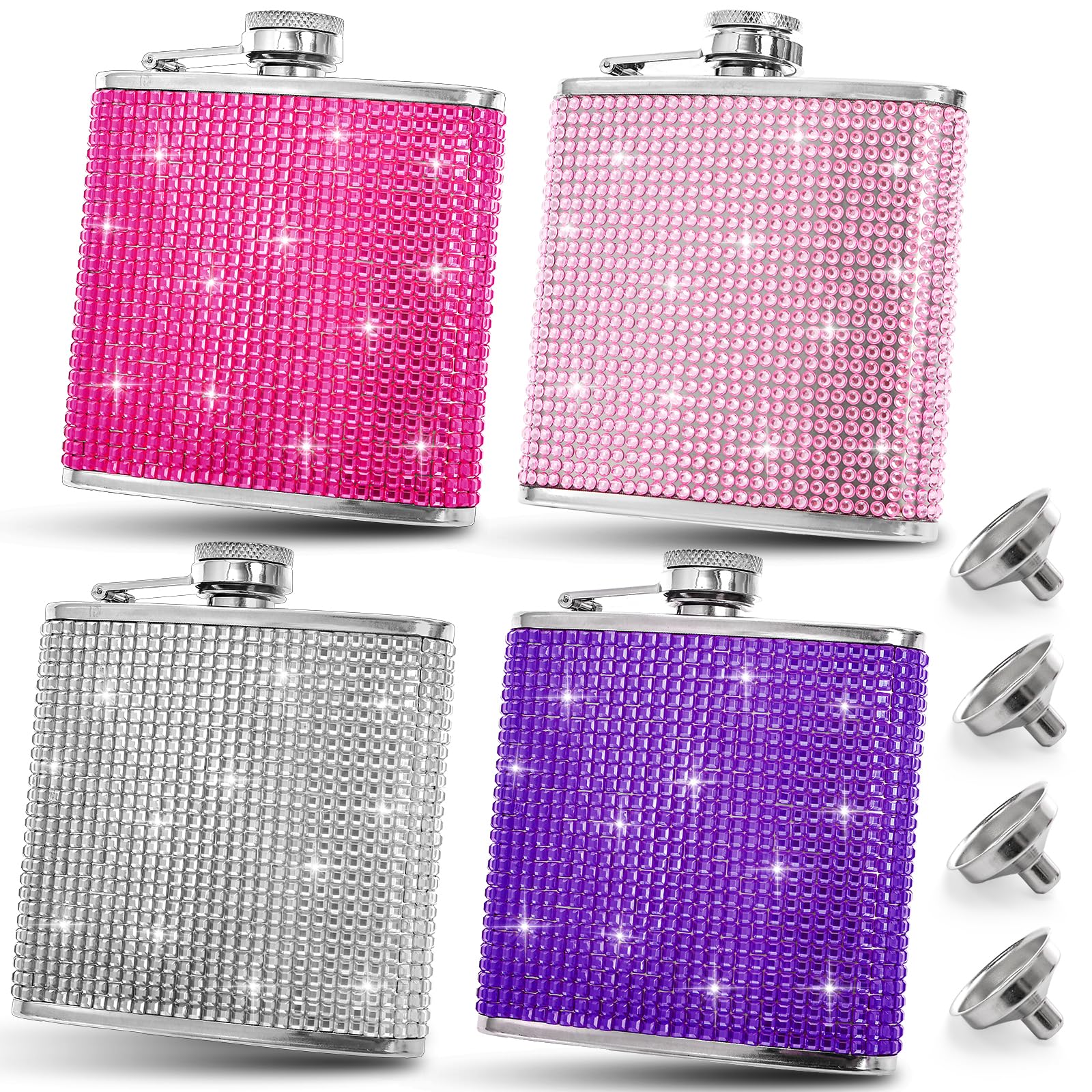 Suwimut 4 Pack Flask for Liquor for Women, 6OZ Cute Rhinestones Stainless Steel Hip Flask, Girls Glitter Bling Pocket Decorative Flasks with Funnel Set for Vodka, Whiskey, Wine, or Alcohol Drink