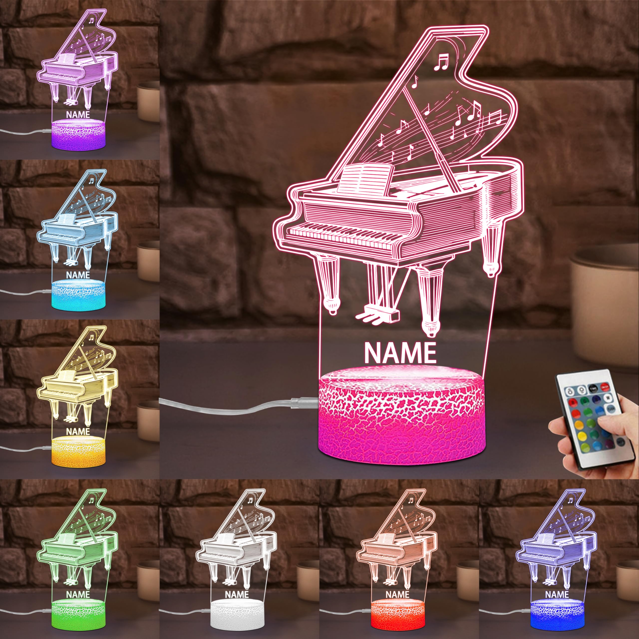 SSRUI Personalized Piano 3D Illusion Night Light Custom Name Piano LED Lamp with Multiple Colors Changing, Musical Decoration for Bedroom Living Room, Gifts for Music Lovers