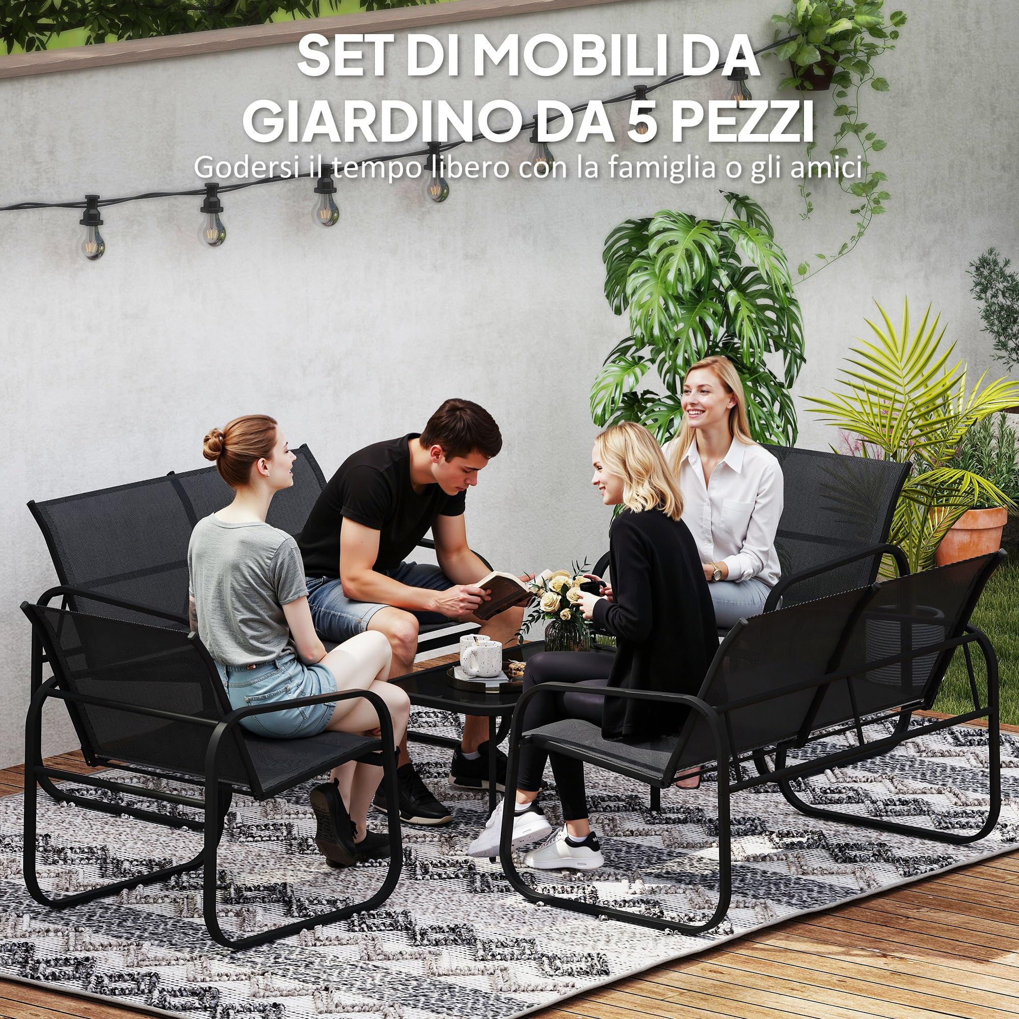 Outsunny 5-częściowy zestaw salonowy ogrodowy z 2 sofami, 2 fotelami i stolikiem kawowym, stal, Textilene, czarny