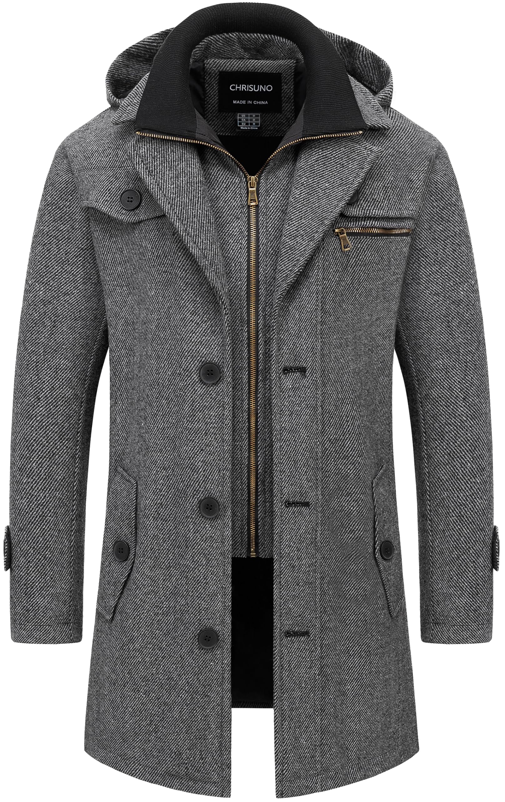 Chrisuno Men's Classic Pea Coat - Single Breasted Winter Overcoat