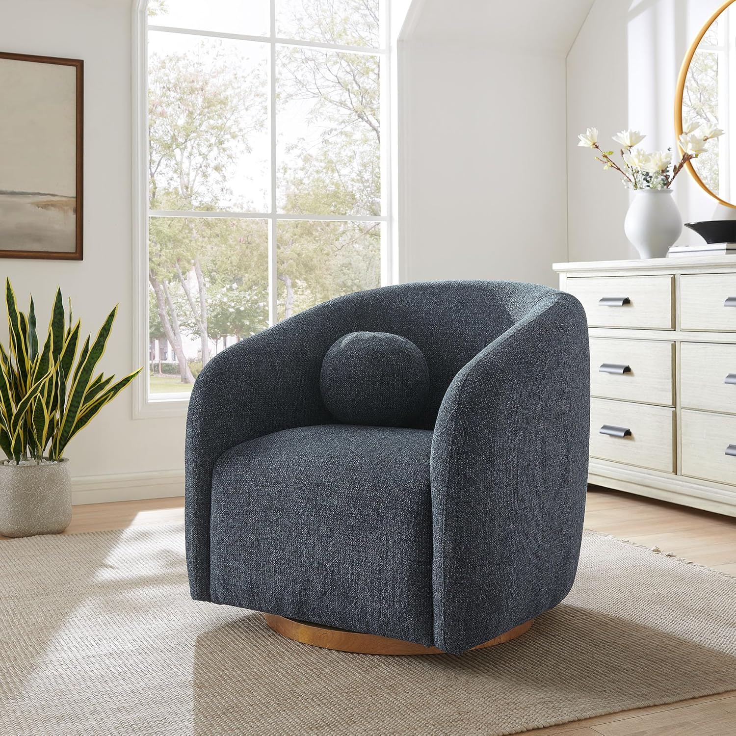 Modway Holland Navy Chenille Swivel Barrel Armchair with Pillow - Mid-Century Modern Curved Accent Chair for Living Room