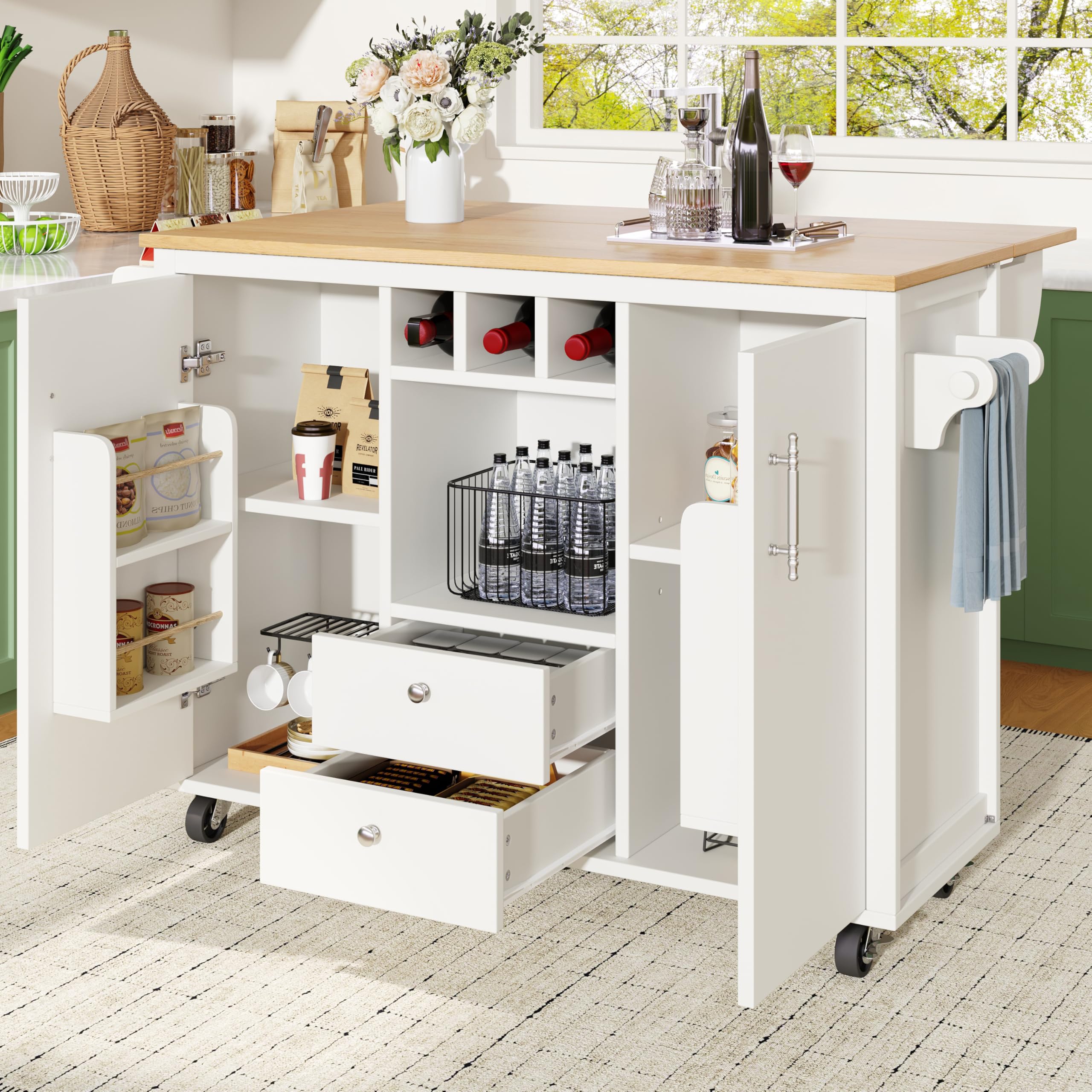 FammyLoft Rolling Kitchen Island on Wheels with Folding Side Board, Kitchen Trolley with 2 Doors and 2 Drawers, Kitchen Cart with Towel Rack and Spice Rack, Wine Rack and Adjustable Shelves, White