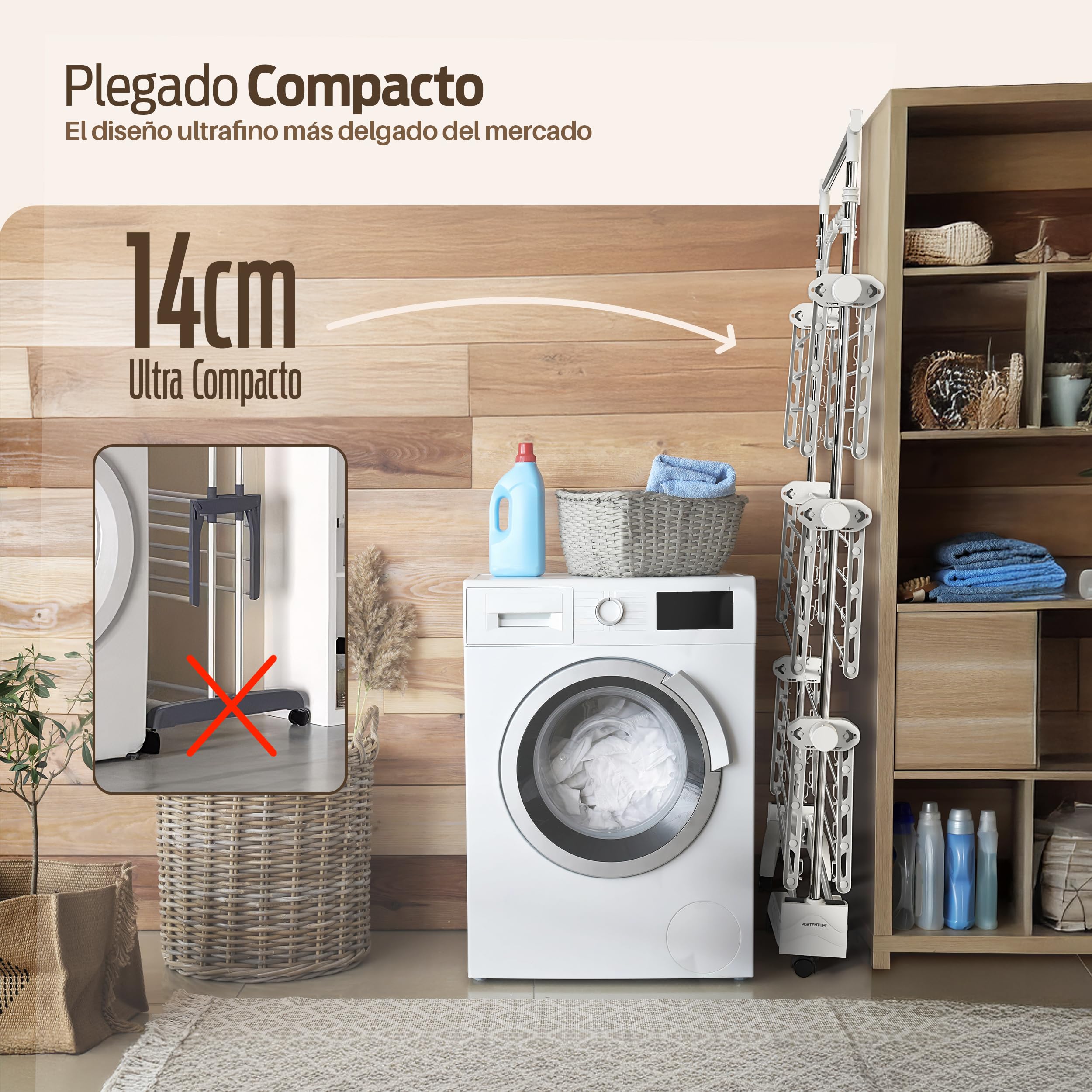 PORTENTUM Tendedero Vertical Plegable 14 cm – 5 Niveles y 58 Ganchos para Perchas – hasta 40 kg – Tenderete 24 Barras de Secado de Acero Inoxidable – Interior y Exterior – Ruedas giratorias con Freno