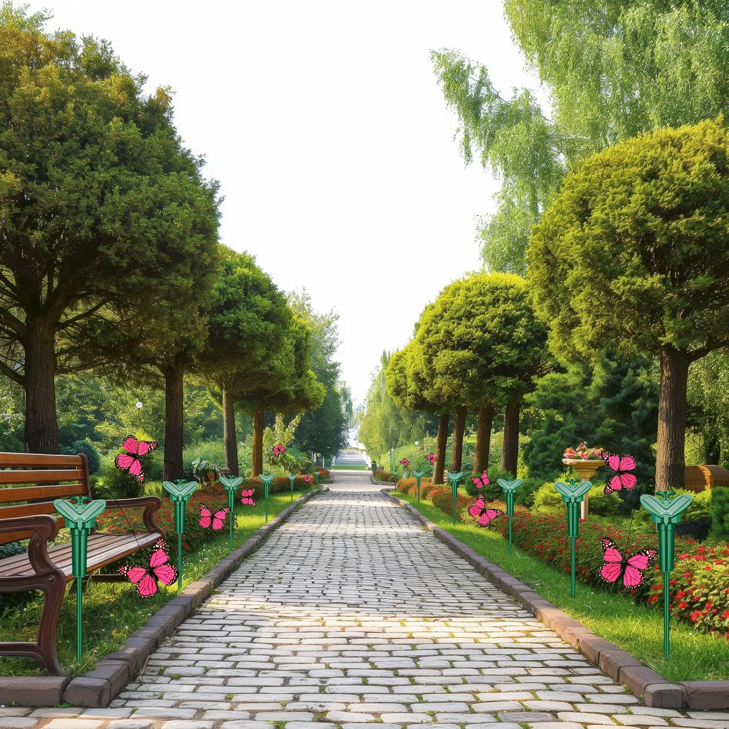 12 Pcs Butterfly Garden Stakes Decorative, Solar Moving Fluttering Butterfly Outdoor Waterproof Flying Butterflies Decor for Yard Pathway Garden Landscape Ornament, Battery Also Powered (Pink)