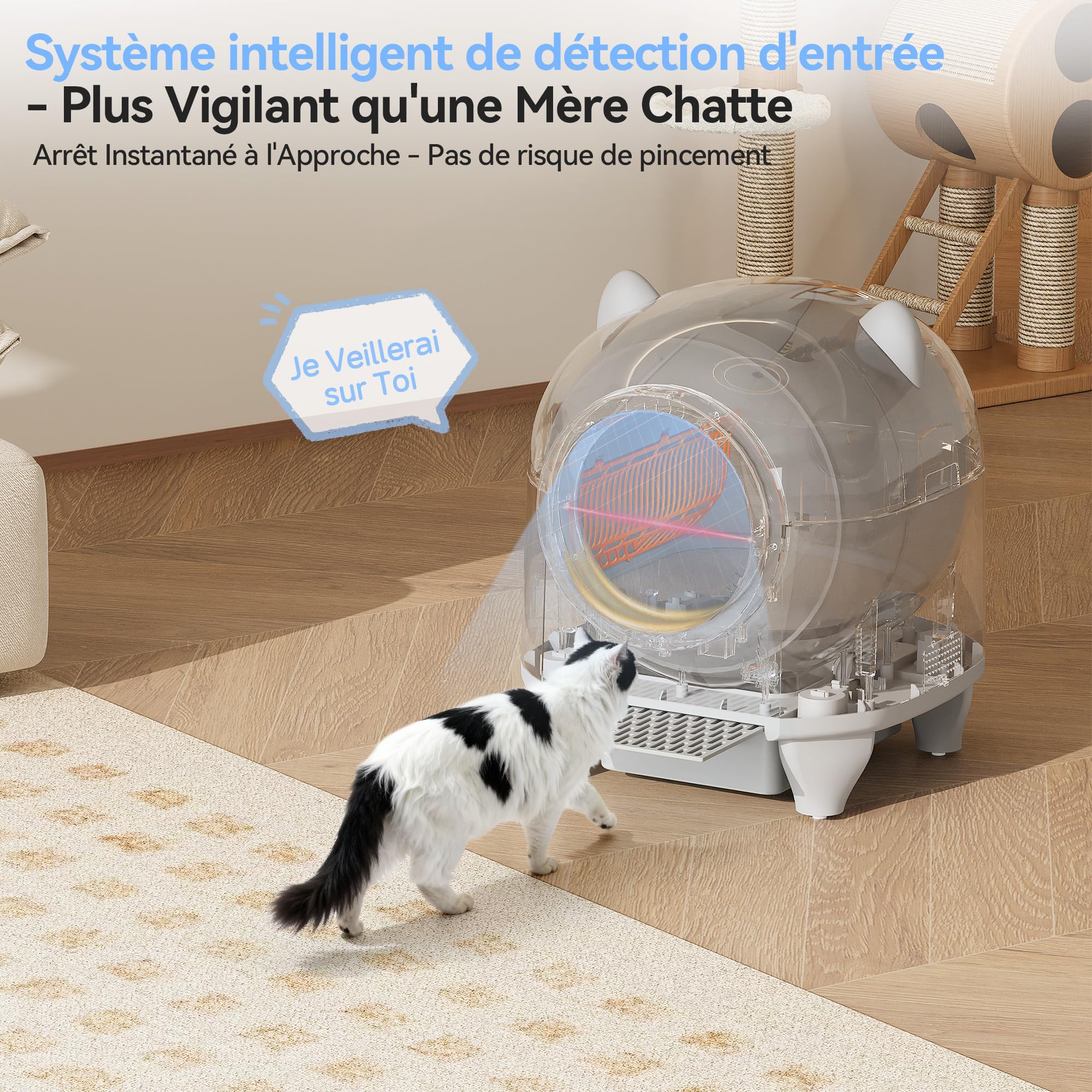 Devoko Litiere Chat Autonettoyante Automatique, Bac Litiere pour Chat XXL 90L, Design en Forme d'oreilles de Chat, Système de Sécurité à Six Niveaux, avec Fonction Désodorisante, Compatible avec APP