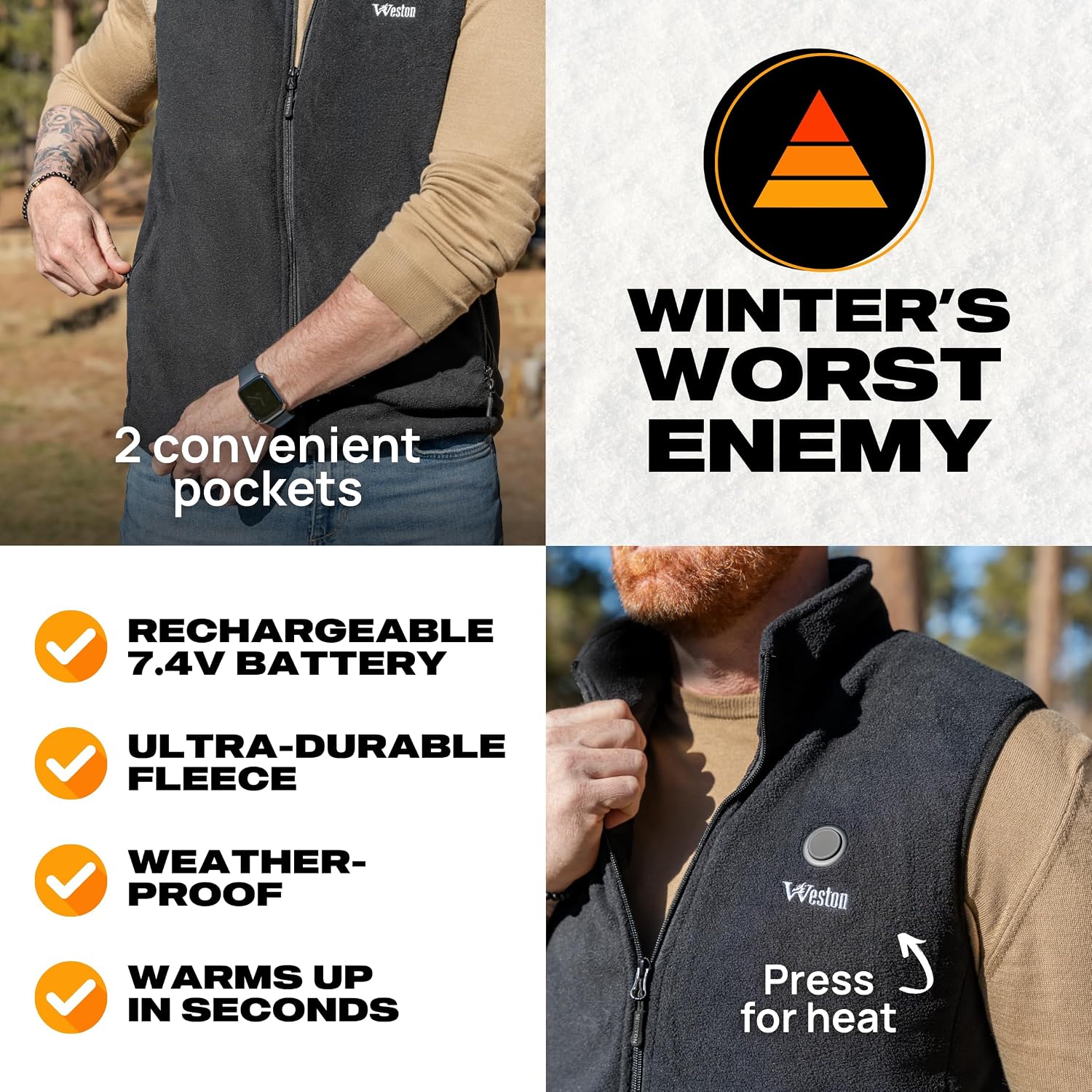 Weston Men’s Heated Fleece Vest, 7.4V Rechargeable Battery Pack Included, 4 Heating Zones, Machine-Washable Warm Vest