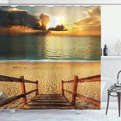 Miniatura 133 de Ambesonne Cortina de ducha hawaiana, diseño de hibisco hawaiano tropical, silueta de niña, tabla de surf, impresión de arte retro, juego de Fucsia