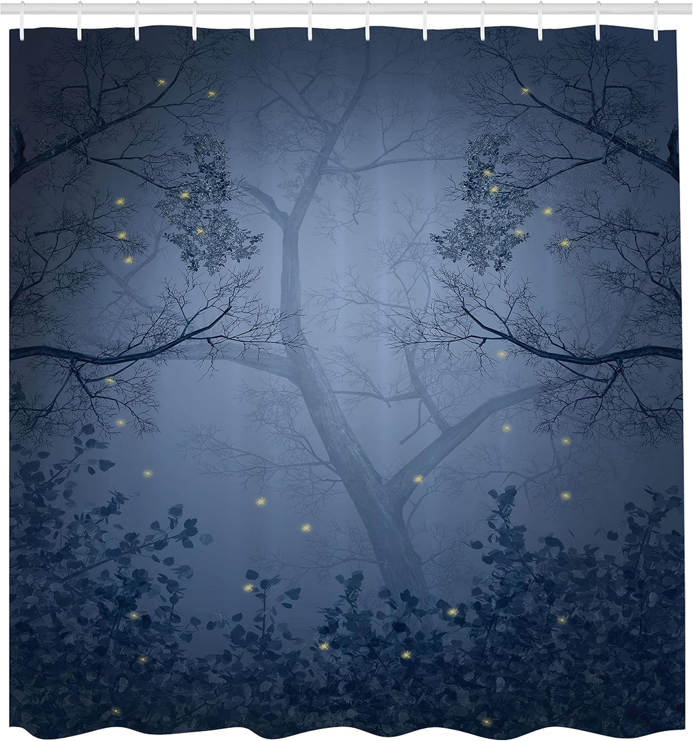 Ambesonne Mystic Forest Shower Curtain, Foggy Dark Gloomy Horror Misty Woodland Dragonflies on Branches Print, Cloth Fabric Bathroom Decor Set with Hooks, 69" W x 75" L, Blue