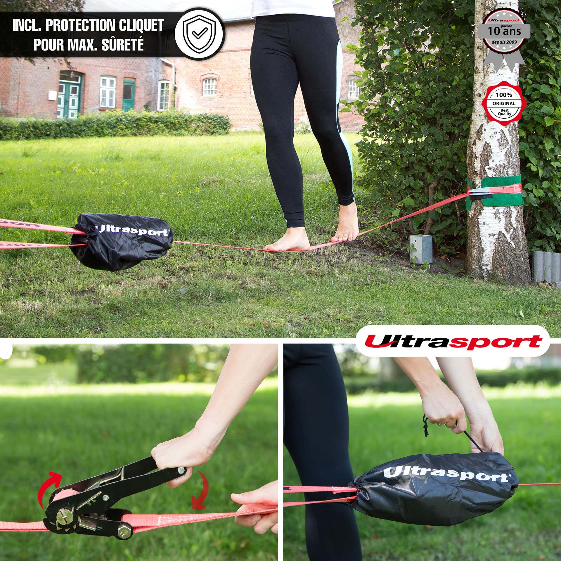 Ultrasport Slackline 15m-25m, avec cliquet et Sac Transport, Jeu Complet Slackline, Disponible avec et sans Protection d'arbre, Jeu Slackline, Slackline Fitness, certifié TÜV GS, Enfants et Adultes
