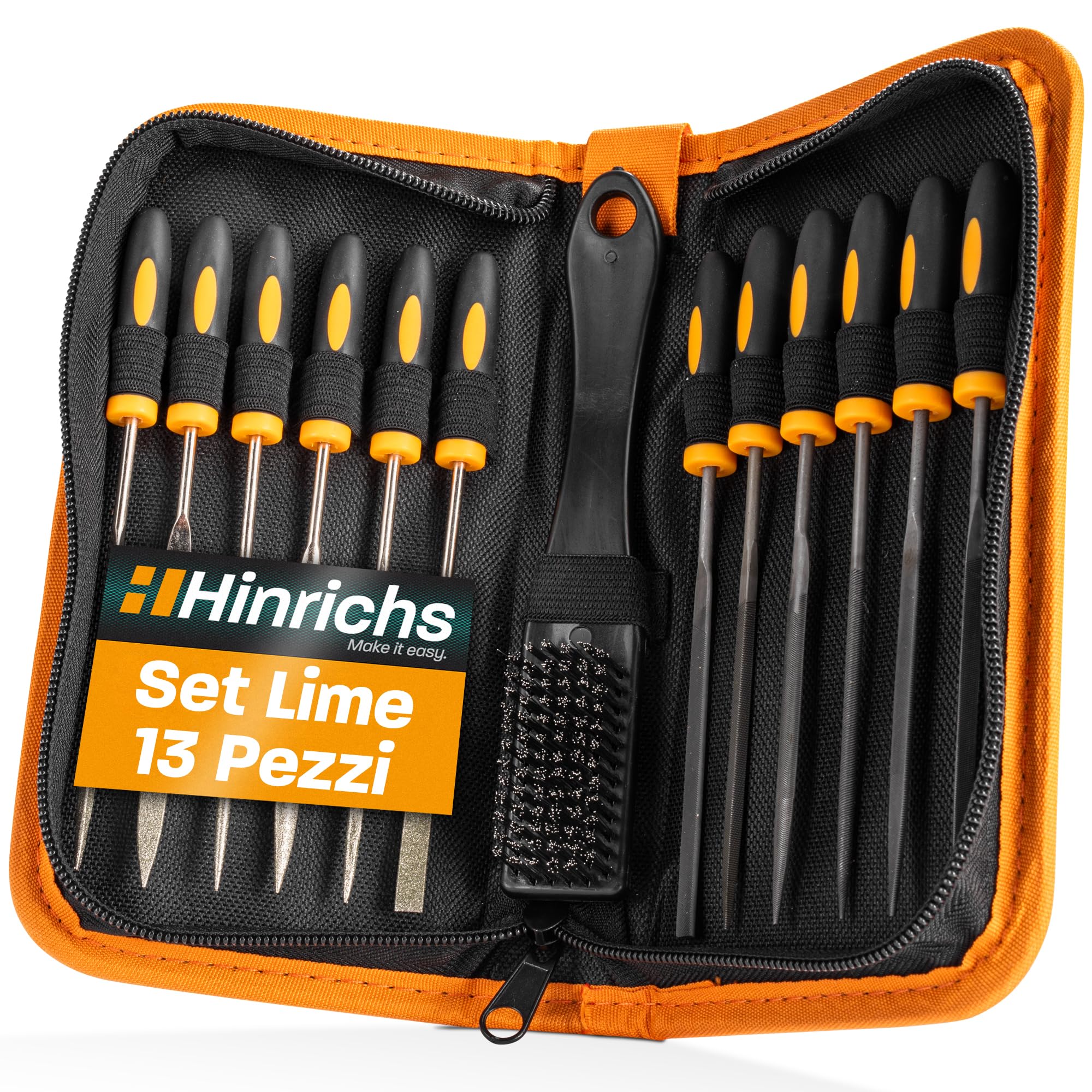 Hinrichs Set Lime Metallo e Legno 13 Pezzi - Include Custodia - 6 Lime Diamantate, 6 Lime Ferro, 1 Spazzola in Acciaio - Set di Lime Modellismo, Set di Mini Lime, Set di Lime Legno, Raspa per Legno