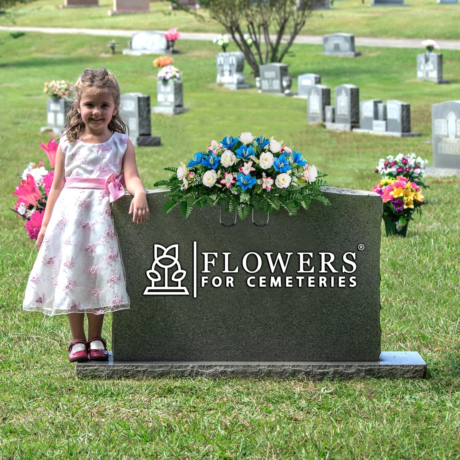 Sympathy Silks Artificial Cemetery Flowers – Realistic Roses and Alstroemerias, Outdoor Grave Decorations -White Blue Rose Saddle