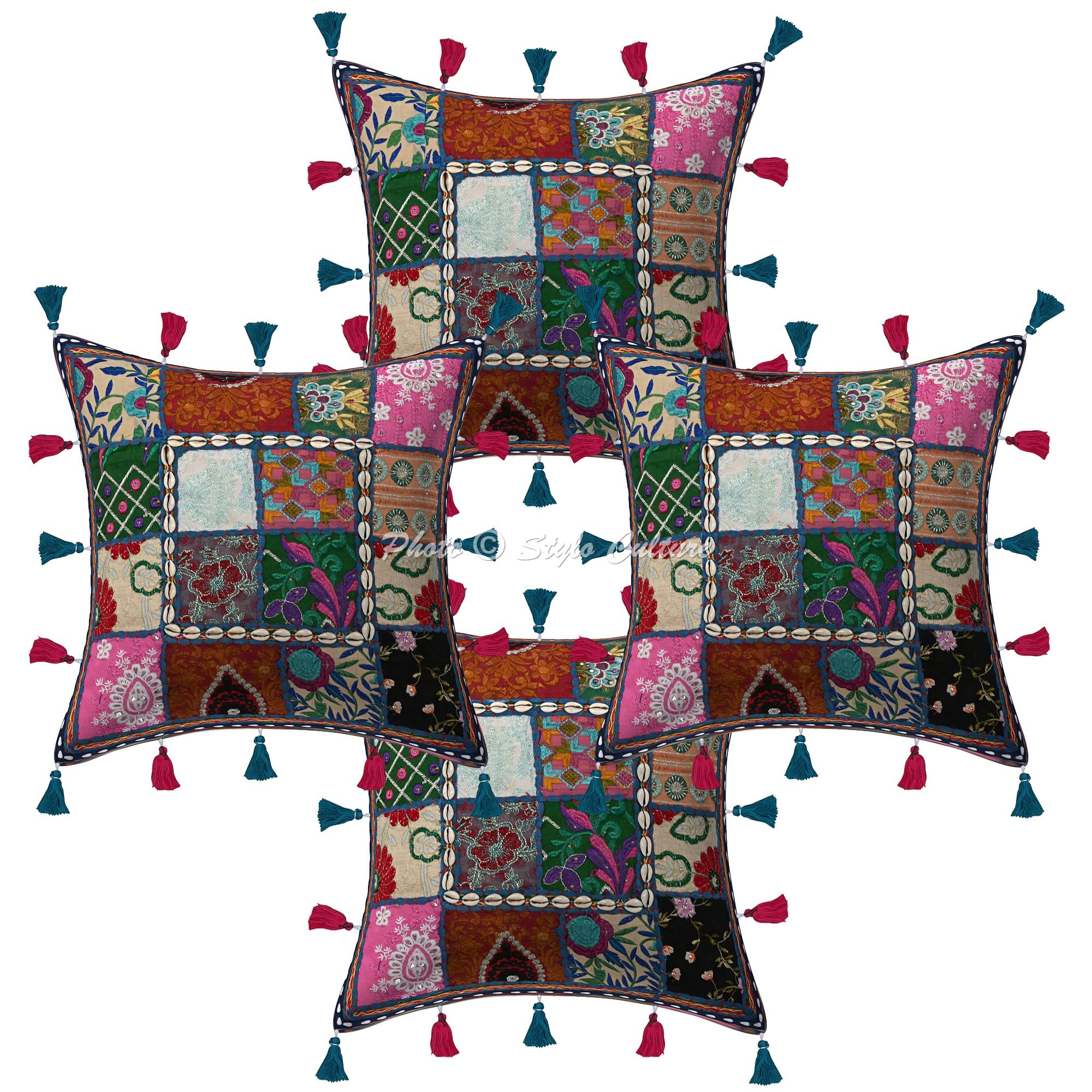 Ethnisch Dekorativ Baumwolle Couch Kissenbezüge 40x40 cm Dunkelblau Dekokissen Gesticktes Patchwork Schlafzimmer Sofa Kissen Bezüge Blumen Quadrat Kissenhullen - 4 STK.
