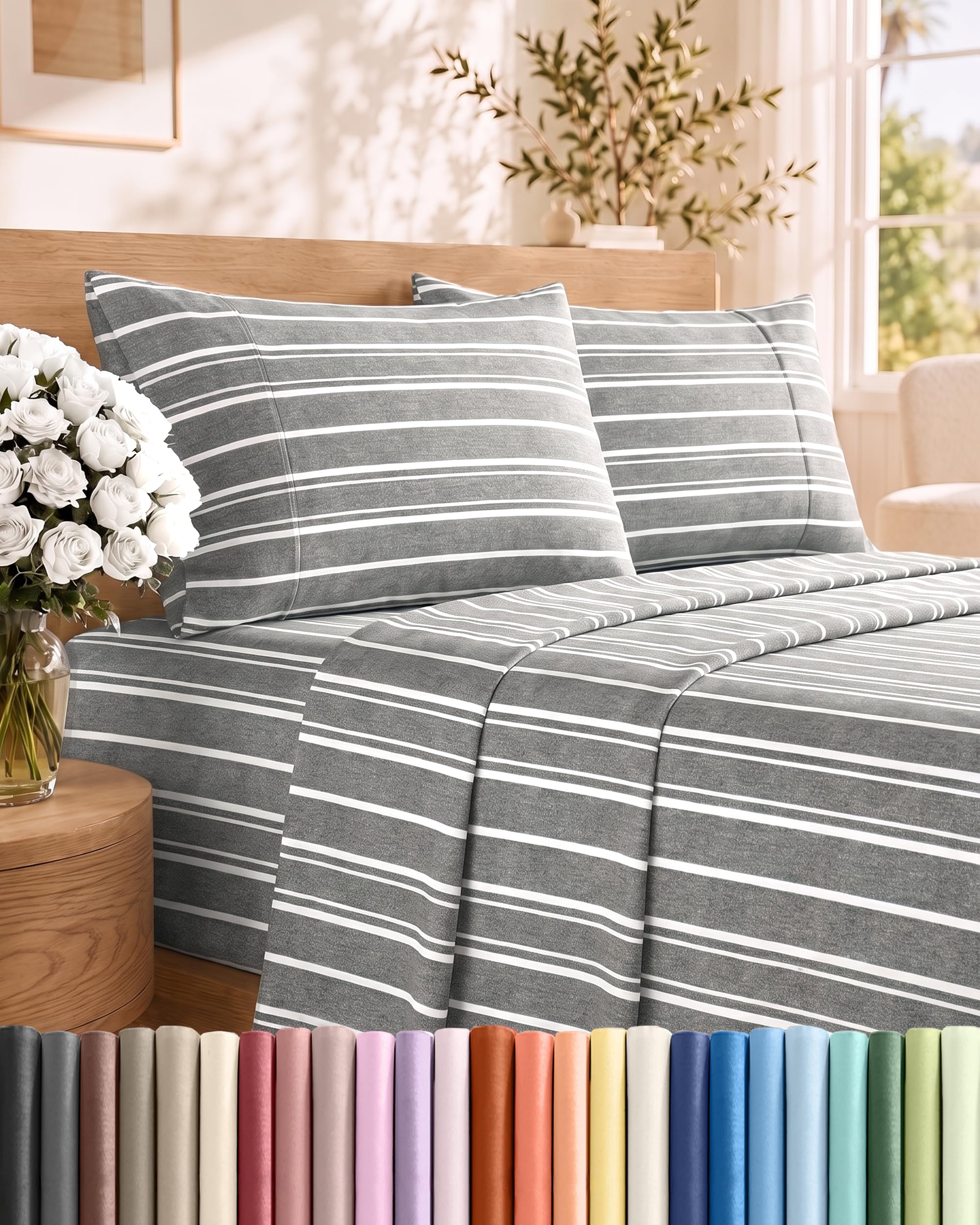 Cal King Size 4 Piece Sheet Set - Comfy Breathable &amp; Cooling - Grey Stripes