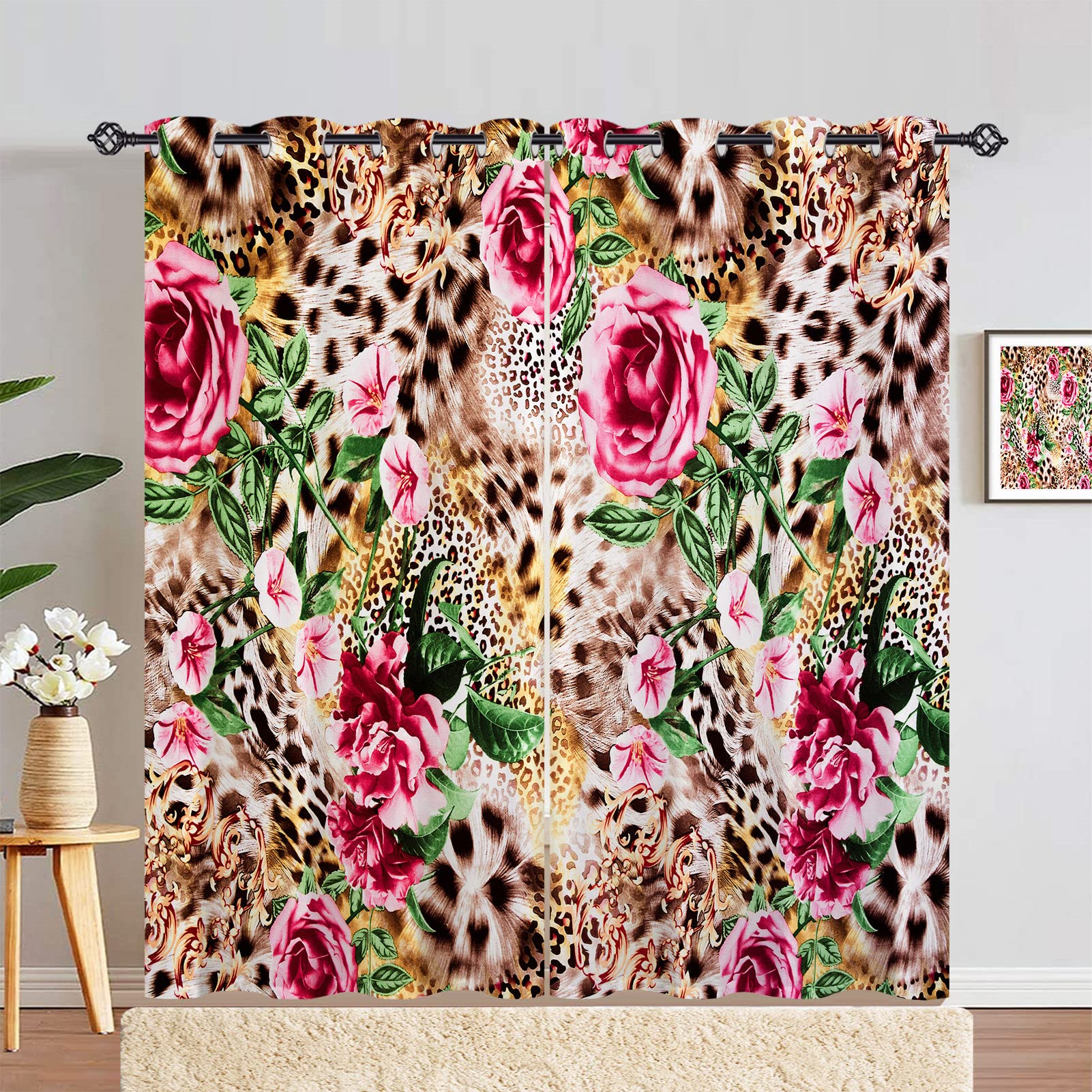 ANHOPE Leopard Rose Floral Thermal Blackout Curtains 2 Panels W 46" x L 84"