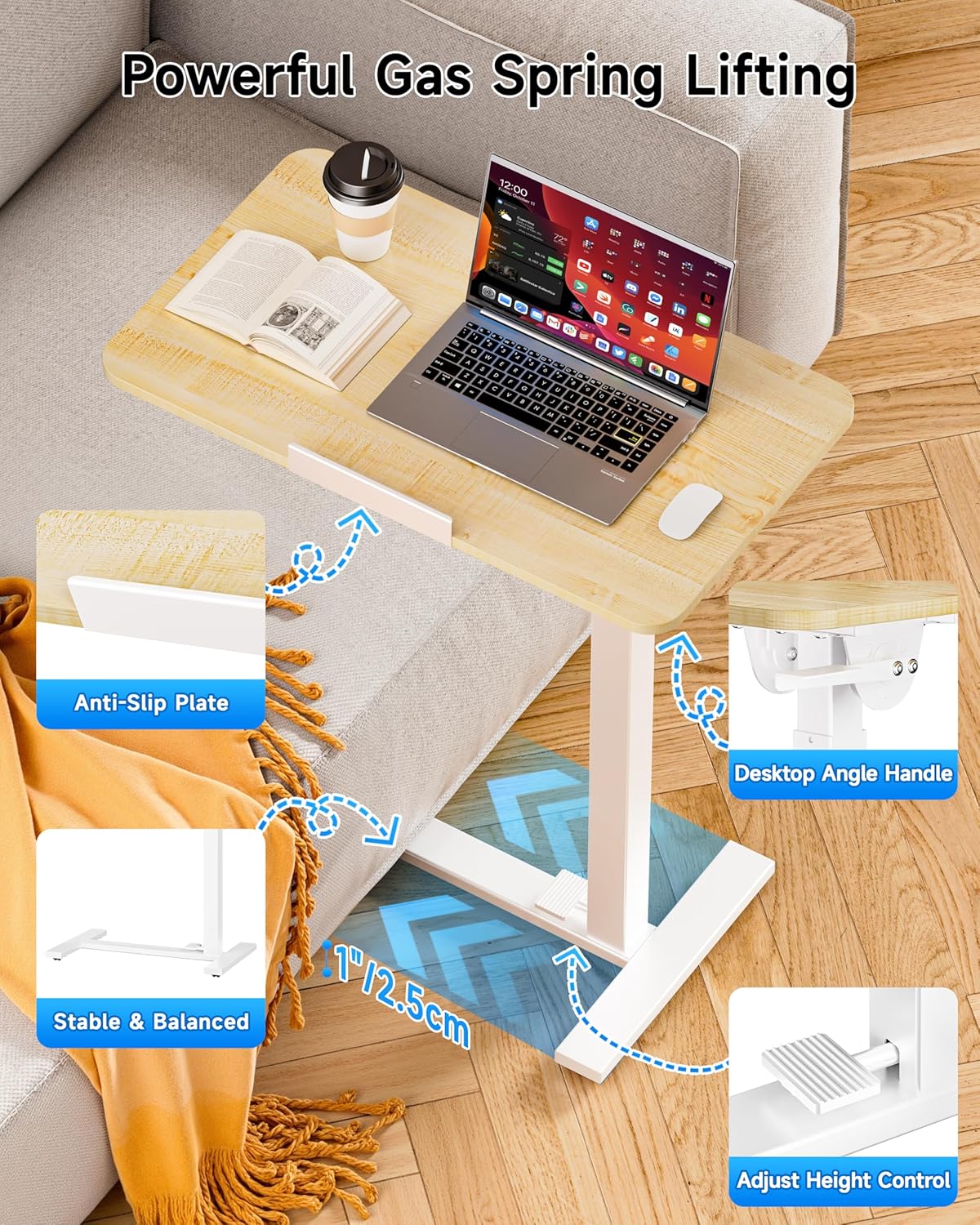 BIZUM Mobile Standing Desk Laptop Desk Pneumatic with Wheels 180° Tilt Top Hospital Bed Table Portable Rolling Cart Foldable Bedside Table for Hospital&Home Use, Maple