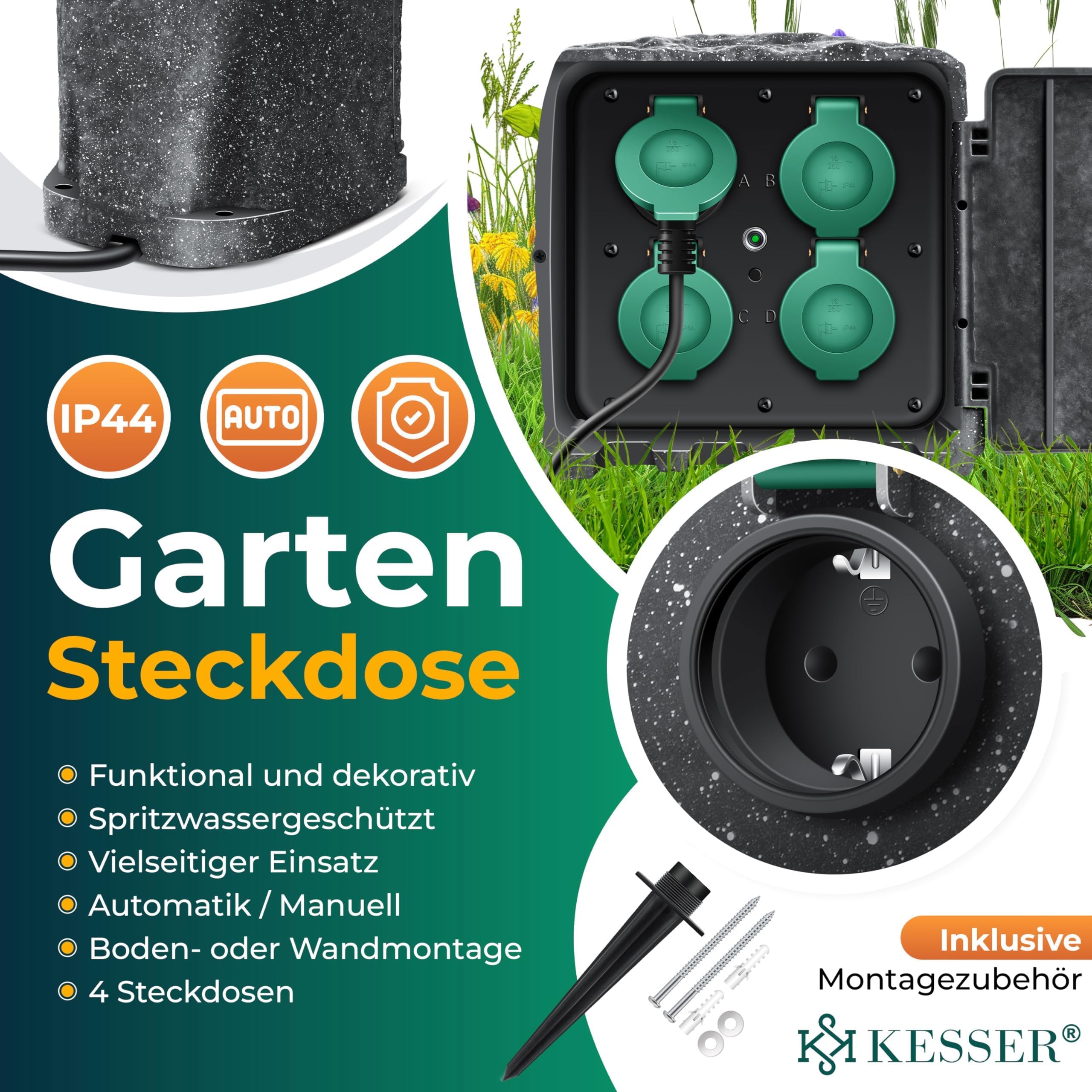 KESSER® Prise de jardin aspect pierre 4 prises - Prise extérieure étanche IP44 - Prise multiple pour extérieur jardin terrasse avec capteur crépusculaire - Câble de 3 m - 3680 W - 16 A + kit de