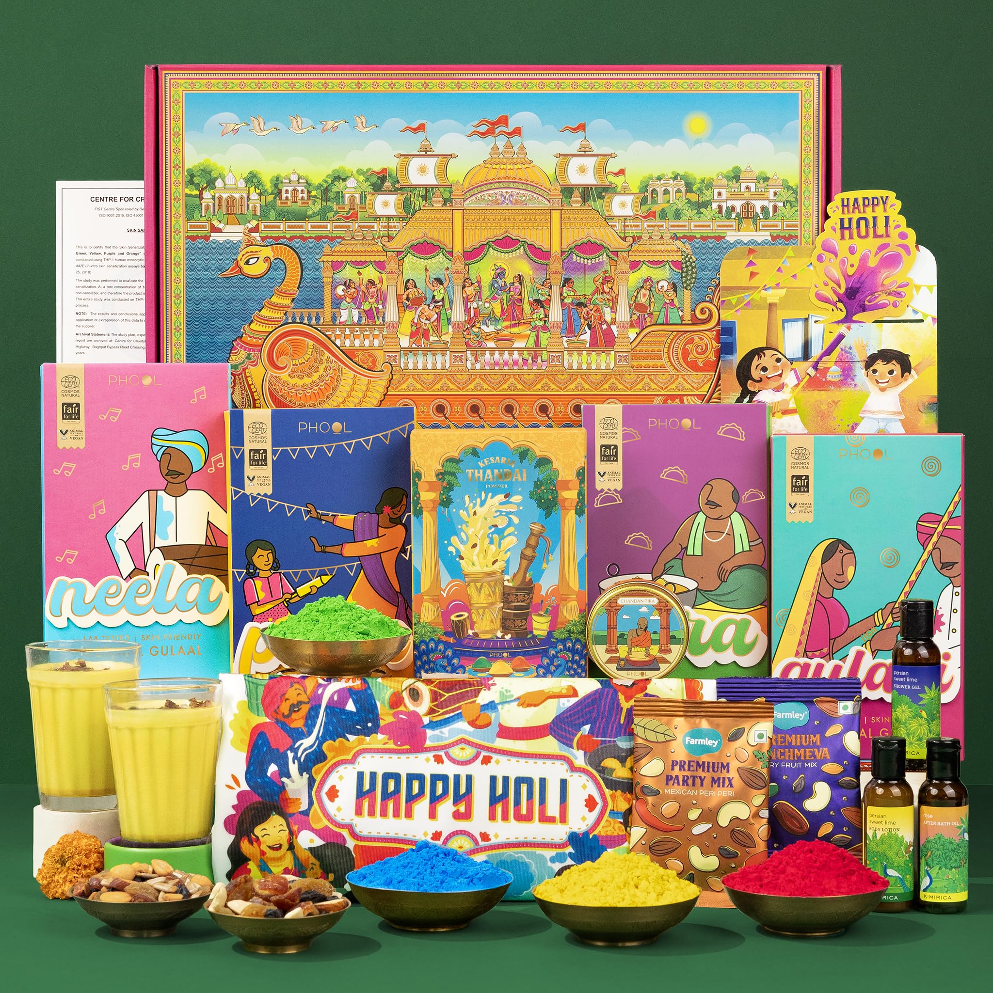 Phool Holi Milan Giftbox 2026 | Natural Gulaal Pack of 4 (Pink Yellow Green Blue) 100g Each | Thandai Powder + Chandan Tika 50g | Holi T-Shirt + Kimirica Body Care Kit | Farmley Dry Fruits Snacks | Holi Gift Hamper with Skin Safety Certificate & Greeting Card