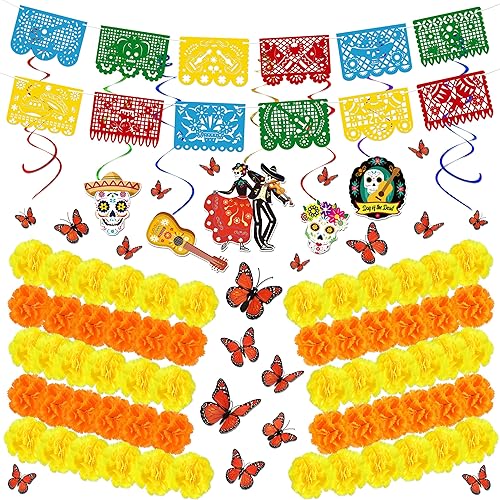 Dia De Los Muertos Juego de Decoraciones: Decoración Día de los Muertos, Papel Picado, Marigold Marigold Butterfly Colgantes Remolinos para Altar de