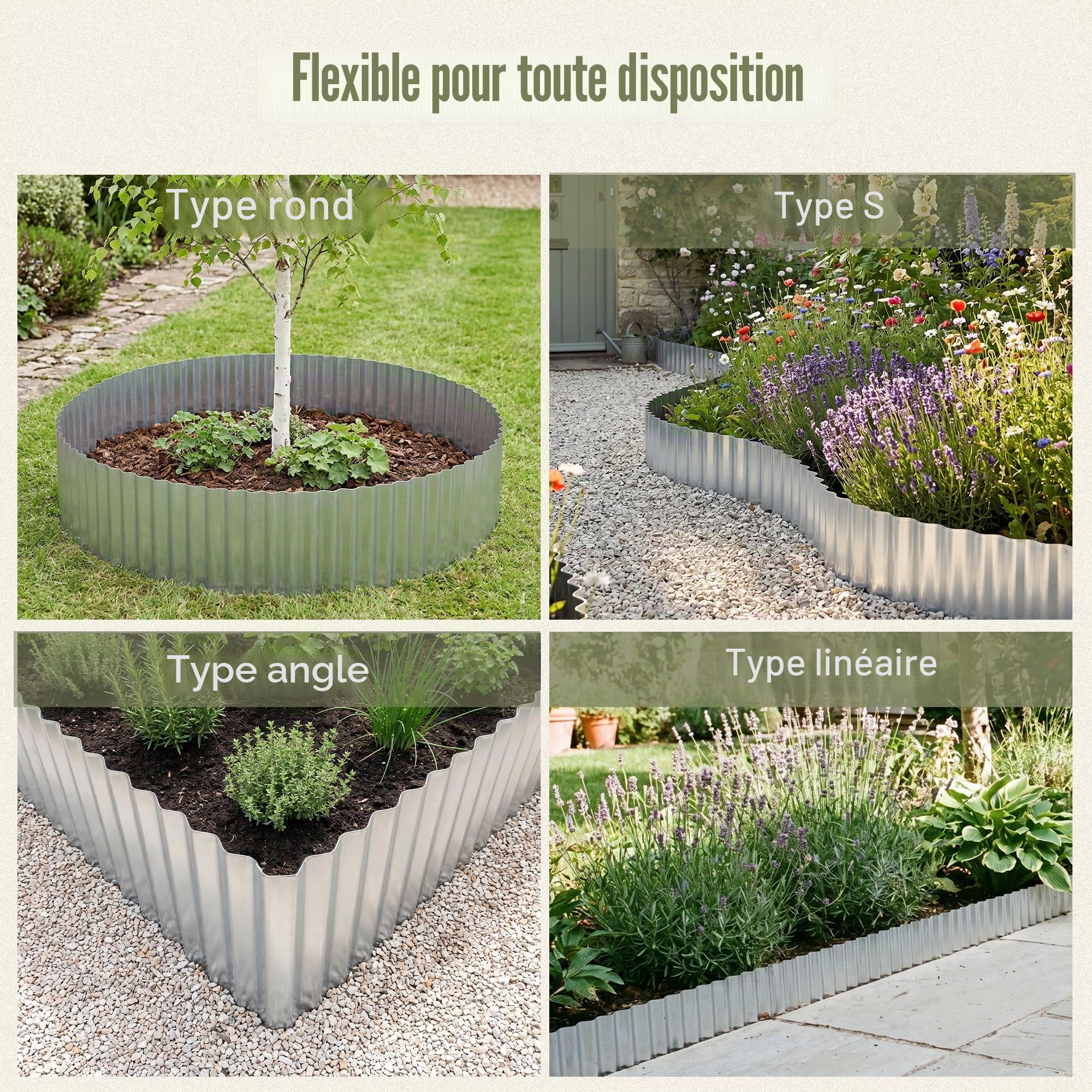Rouleau de bordure de jardin en métal galvanisé de 6 m - Flexible - Hauteur : 25 cm - Très résistant - Pour parterres de fleurs, pelouses, allées