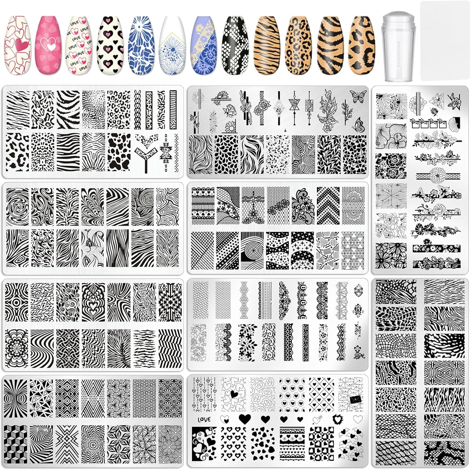 Nail Stamping Plate Kit, 10Pcs Nail Art Plates Stamp Templates with Silicone Nail Stamper & Scraper, French Tip Nail Design Stamps for French Manicure DIY Home Salon Use