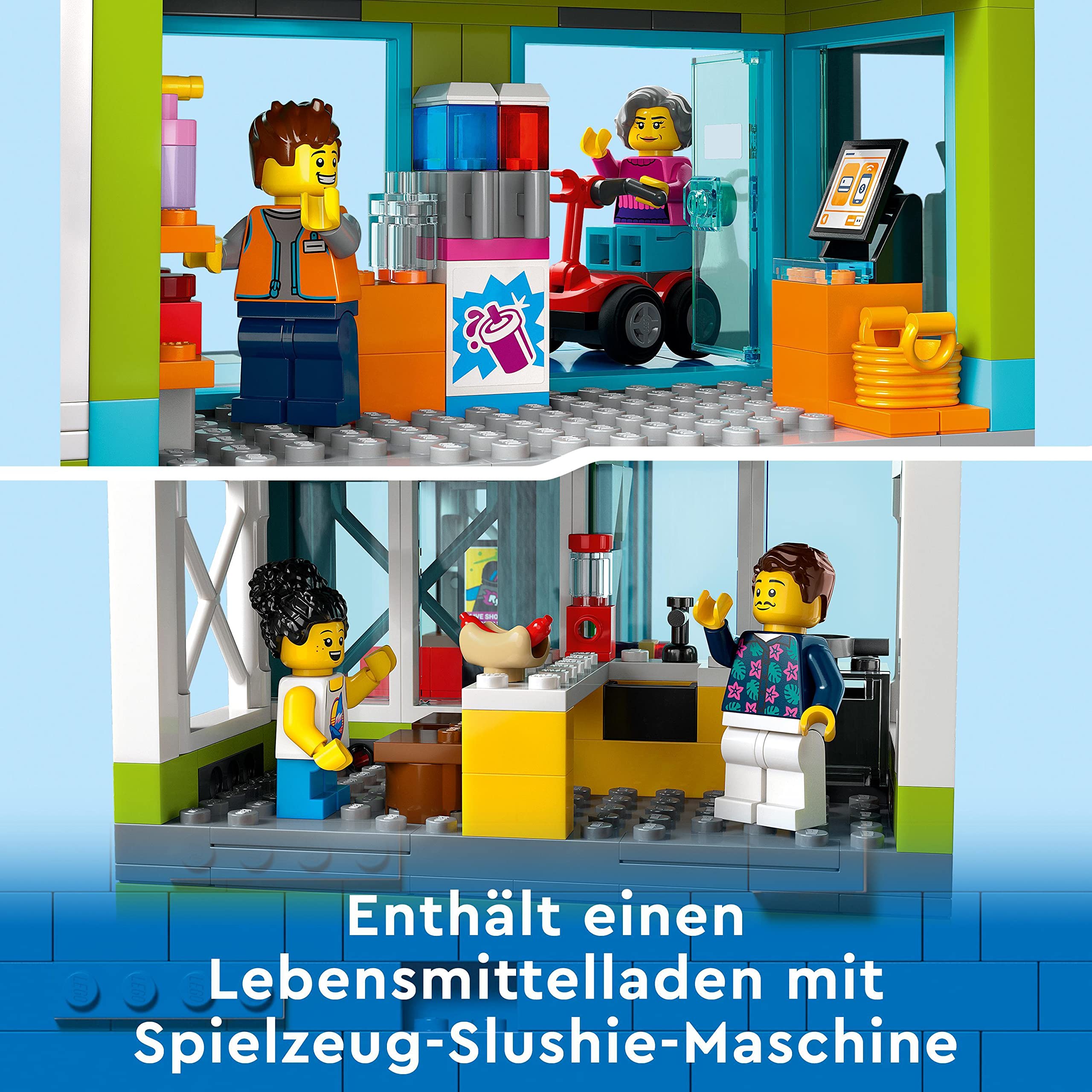 LEGO 60365 City Appartementhaus Set, Konstruktions-Spielzeug mit Eckladen, Wohnzimmer, Küche und Schlafzimmer, mit Scooter, Fahrrad, 6 Minifiguren und Einer Straßenplatte