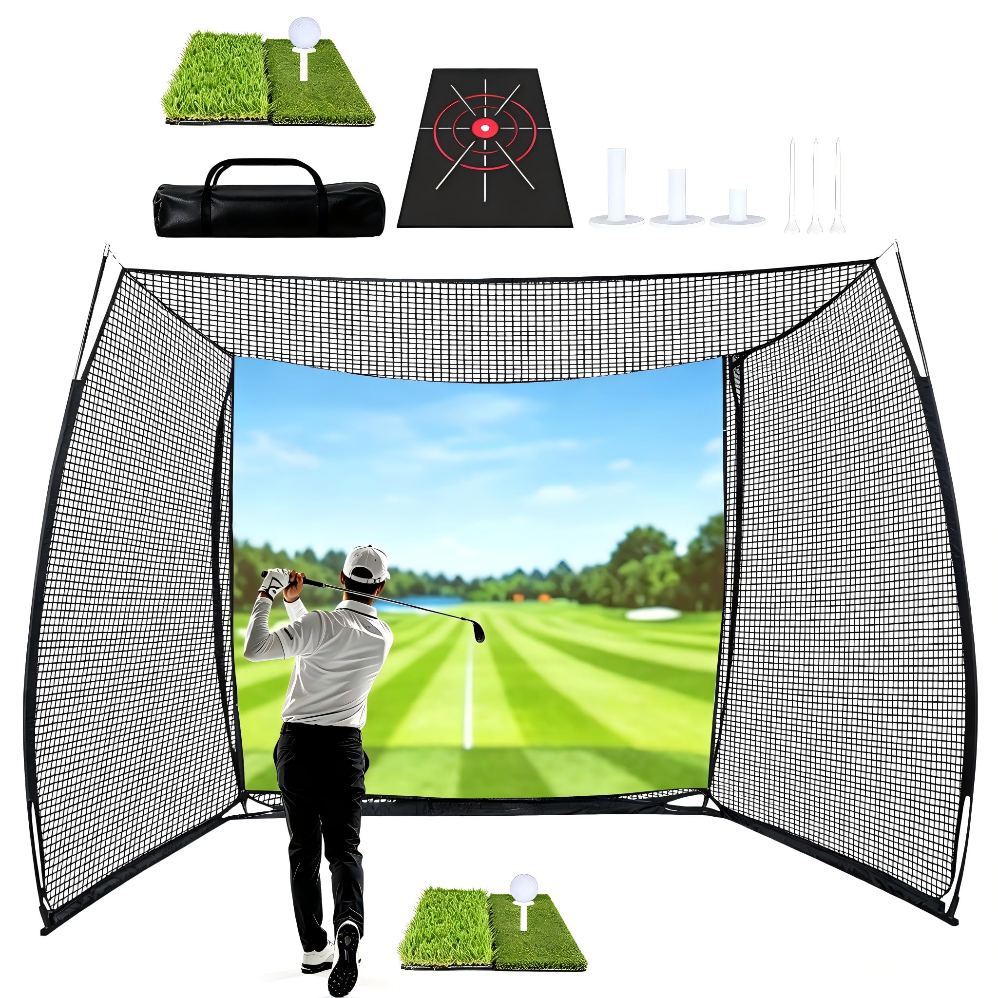10x8ft Golf Hitting Net with HD Impact Screen &amp; Target Cloth, Heavy Duty Enclosed Golf Simulator Cage for Full Swing, Portable Practice Net for Home Backyard Garage Indoor Outdoor