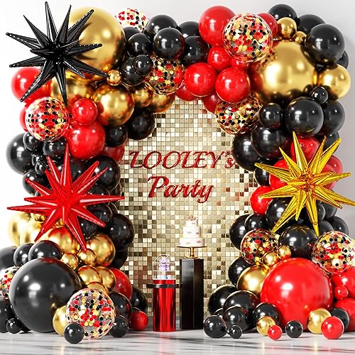 137Pcs Red Black Gold Balloons Garland Arch Kit with Stars - 5 10 12 18 inch Red Black Gold Confetti Latex Balloons for Graduation Hollywood Casino Theme Party Decorations