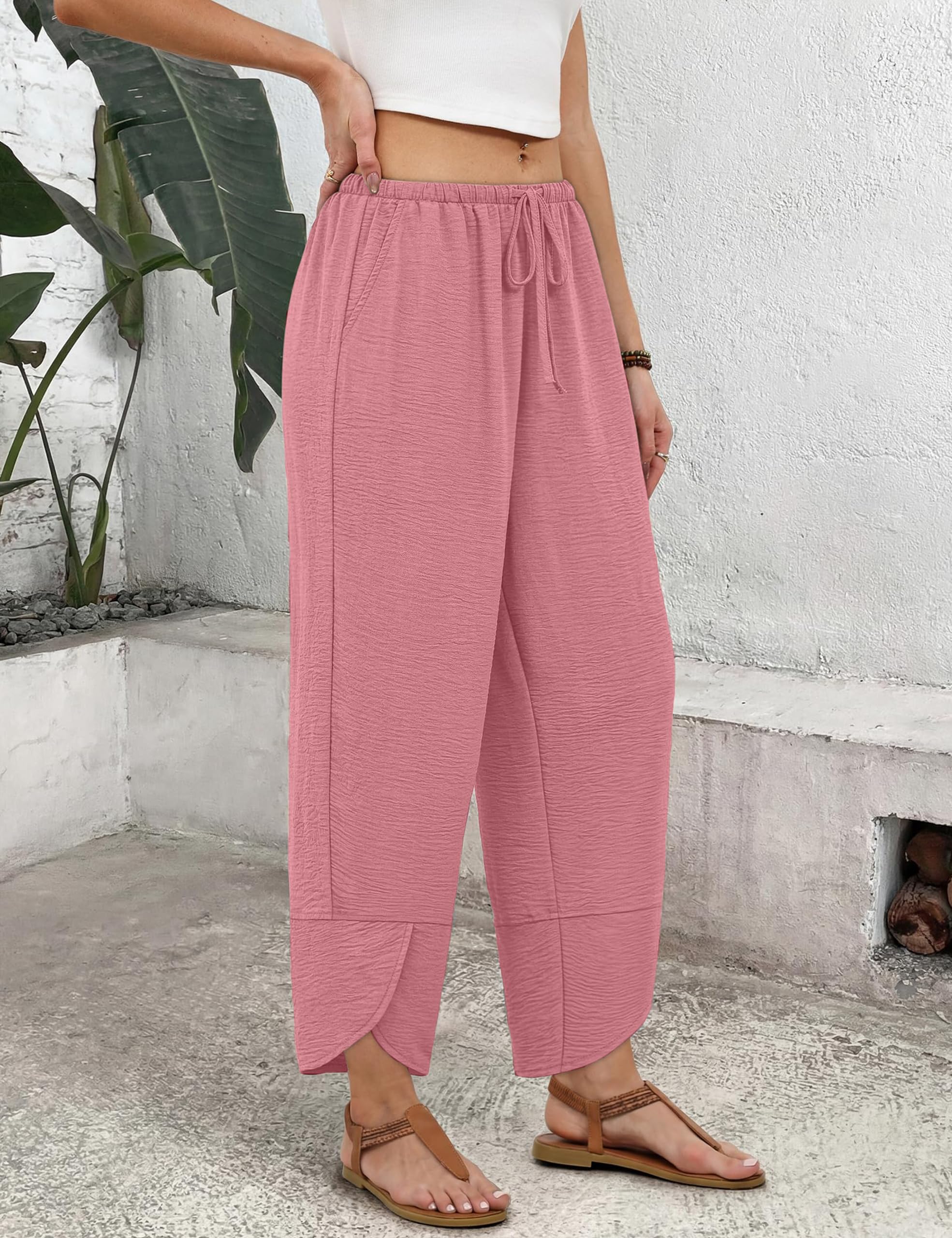 Desol Pantalon d'été léger pour femme avec jambes larges, culotte 3/4, pantalon palazzo, tenue décontractée, tenue de vacances