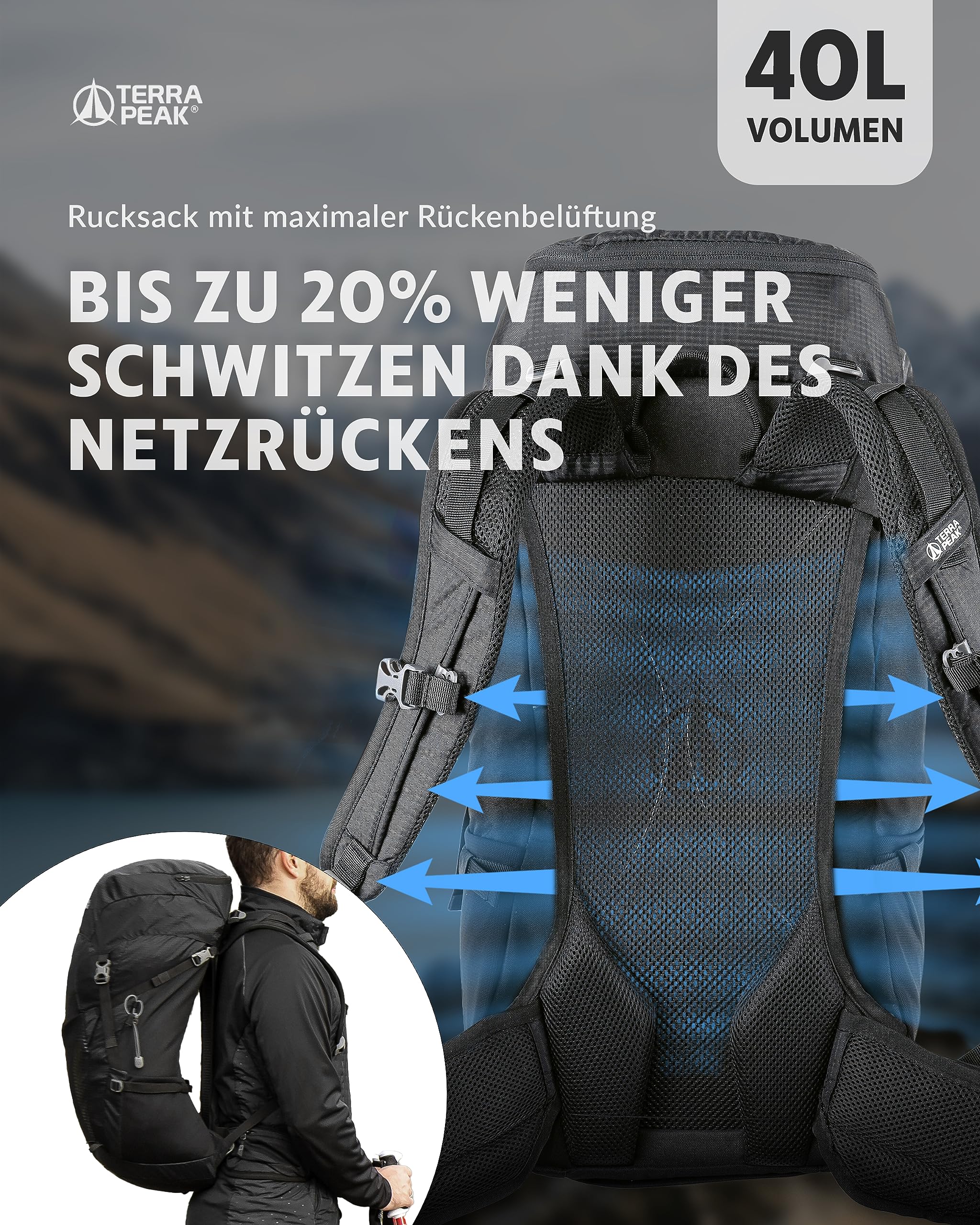 Terra Peak® Premium Wanderrucksack mit belüfteten Netzrücken 20L 30L & 40L (AIRANT) Damen & Herren mit Rückenbelüftung & Regenschutz - Ergonomischer Trekkingrucksack aus atmungsaktivem Mesh & Hüftgurt