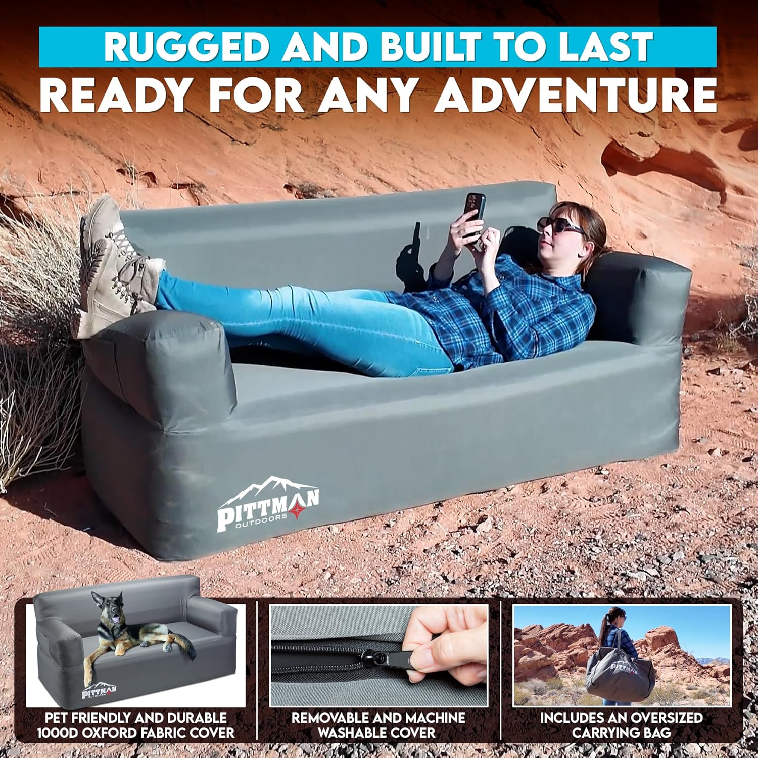 Pittman - Inflatable Couch with Built in Pump for Outdoors & Indoors - Blow Up Couch for Camping, Glamping or Home use has Heavy Duty Puncture Resistant Fabric for Inflatable Sofa Comfort & Durability